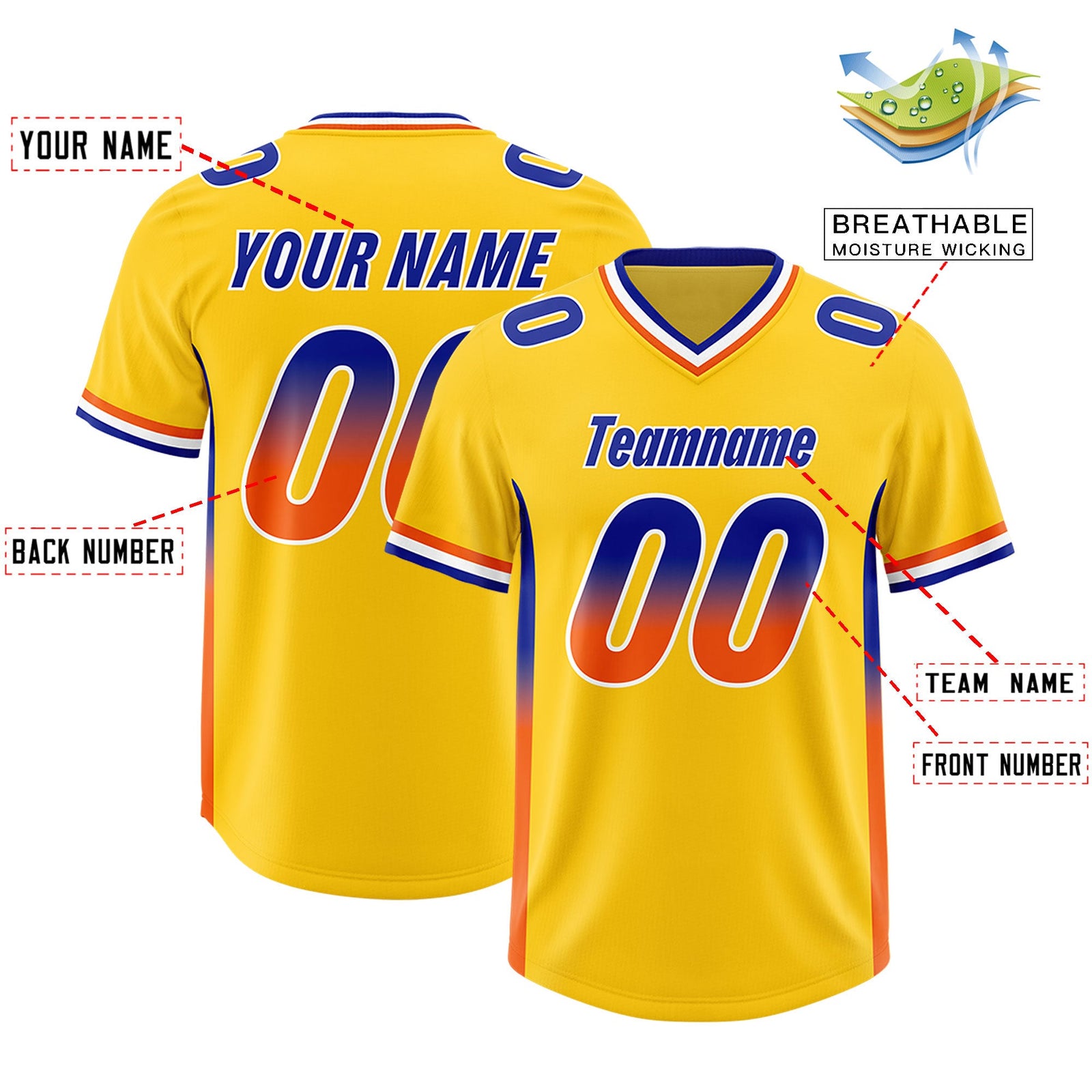 Custom Gold Royal and Orange Sides Gradient Fashion Personalized Team Football Jersey