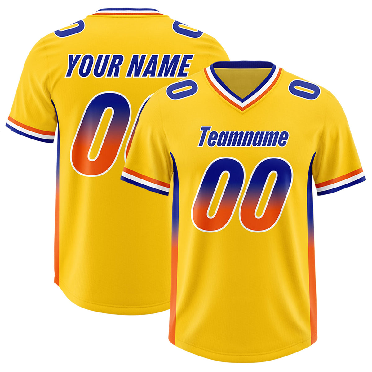 Custom Gold Royal and Orange Sides Gradient Fashion Personalized Team Football Jersey