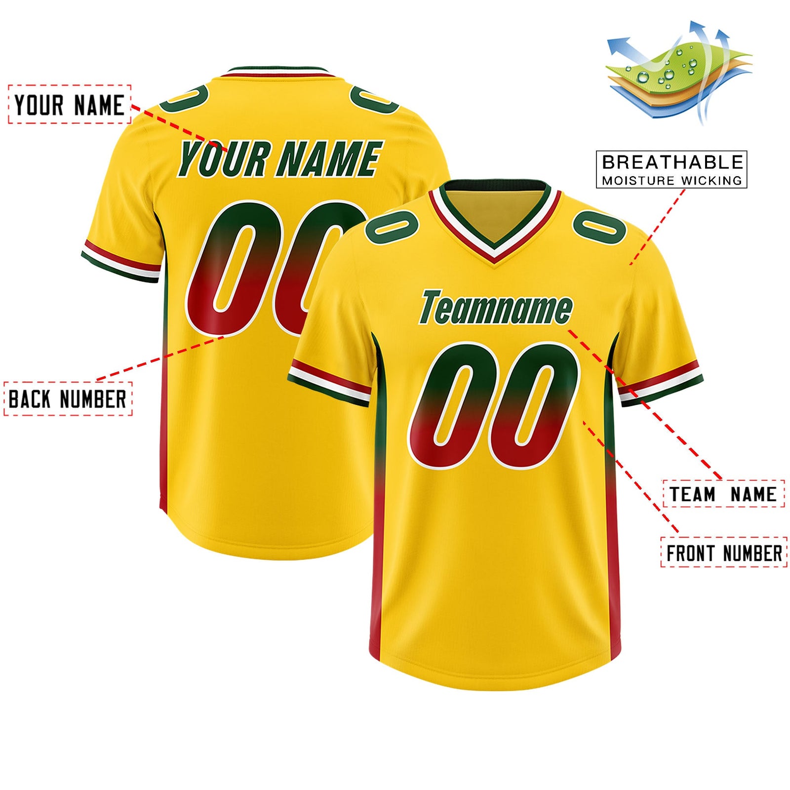 Custom Gold Green and Red Sides Gradient Fashion Personalized Team Football Jersey