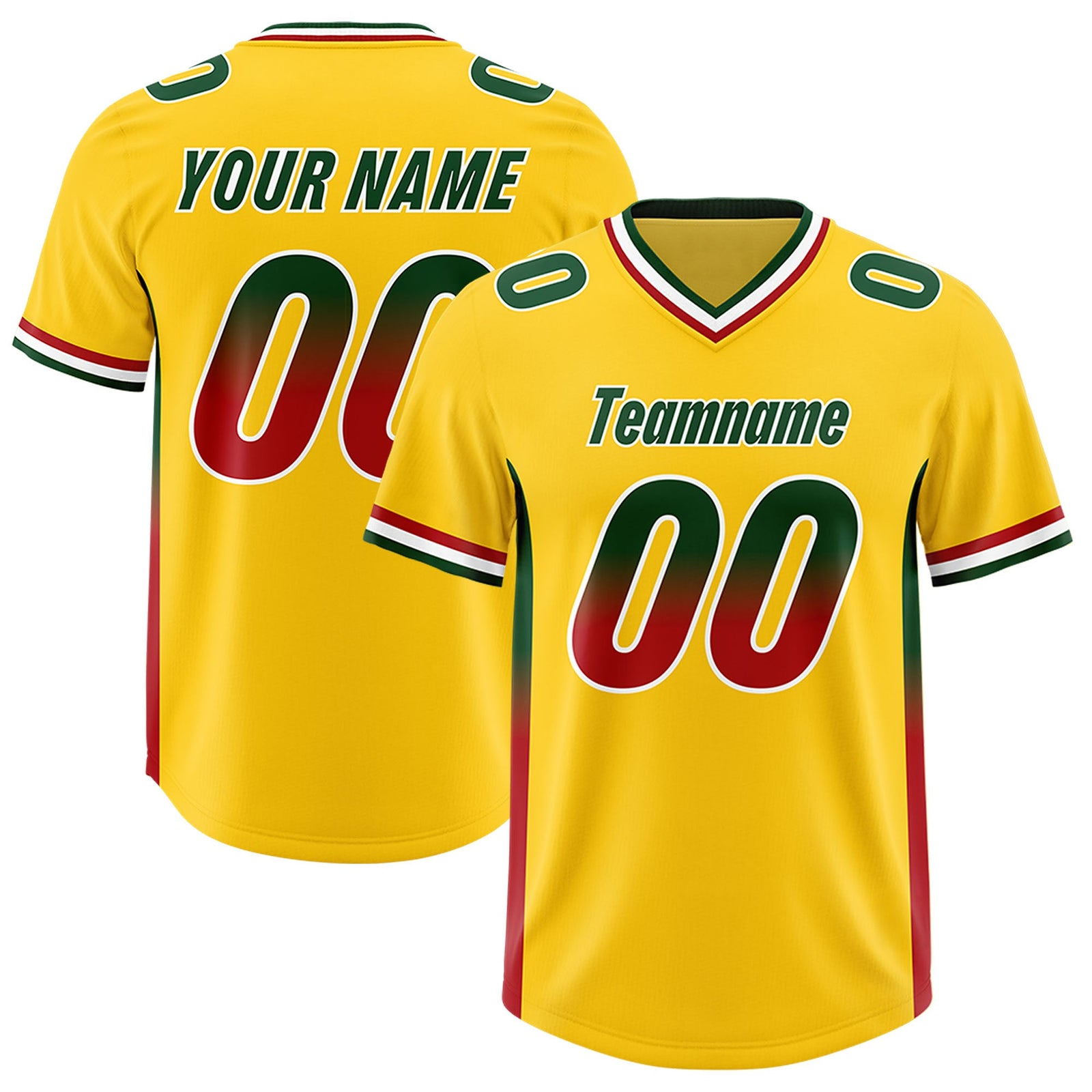 Custom Gold Green and Red Sides Gradient Fashion Personalized Team Football Jersey