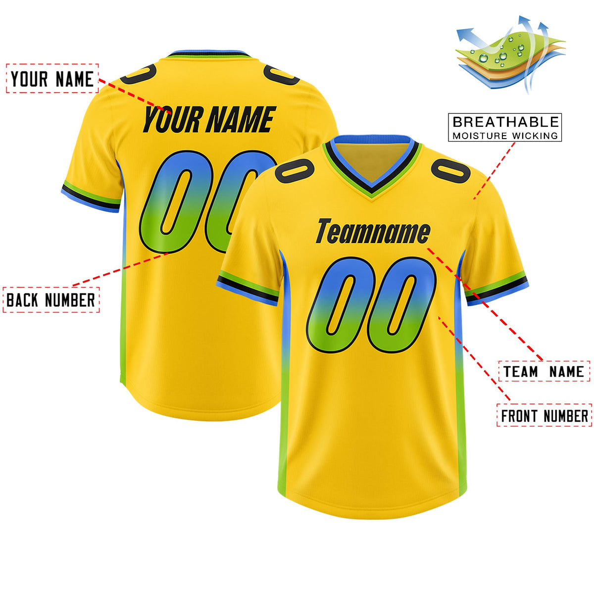 Custom Gold Powder Blue and Neon Green Sides Gradient Fashion Personalized Team Football Jersey