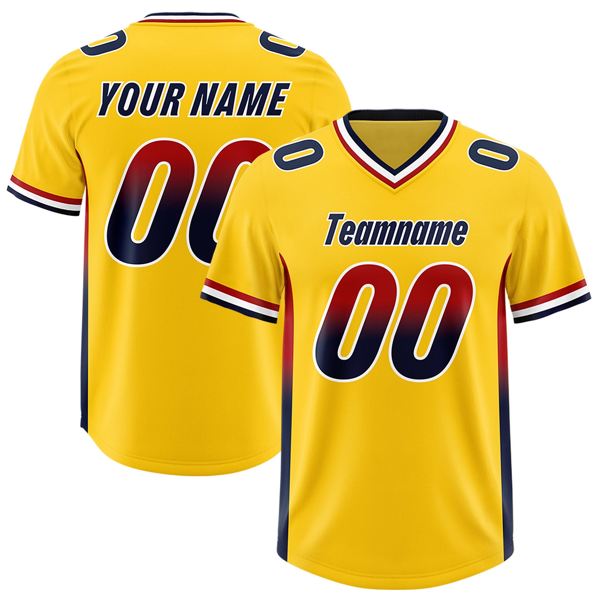 Custom Gold Red and Navy Sides Gradient Fashion Personalized Team Football Jersey