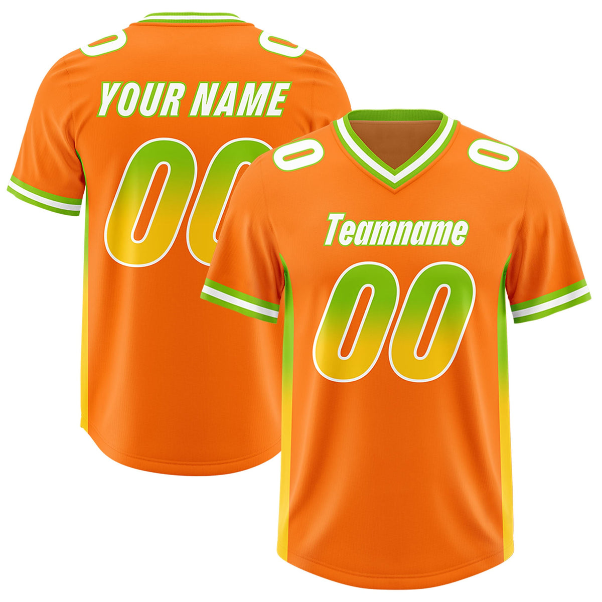 Custom Orange Neon Green and Gold Sides Gradient Fashion Personalized Team Football Jersey