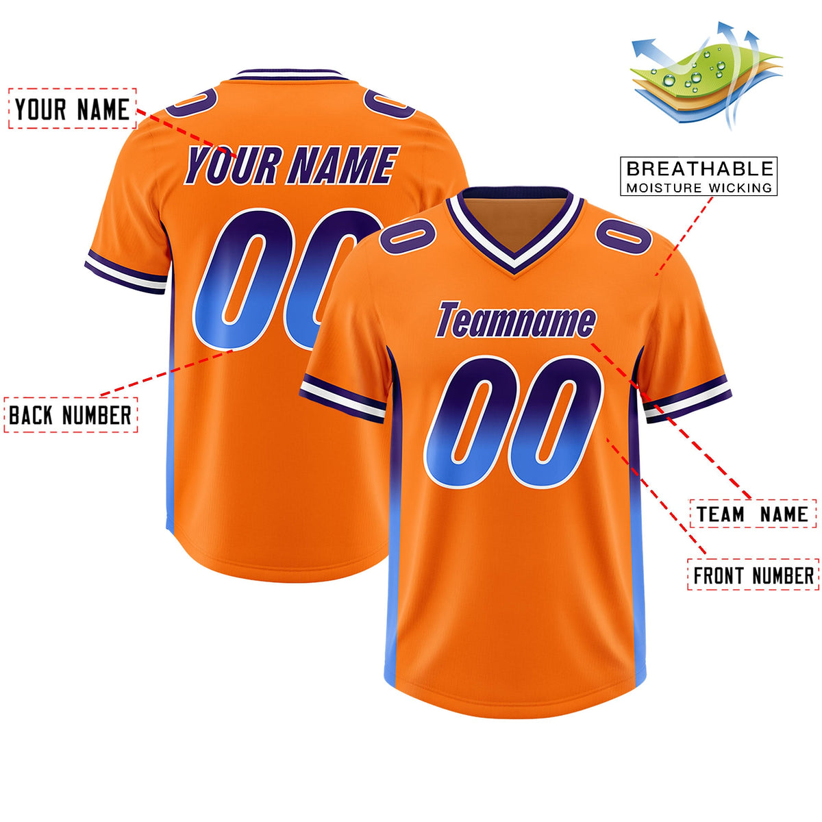 Custom Orange Purple and Powder Blue Sides Gradient Fashion Personalized Team Football Jersey