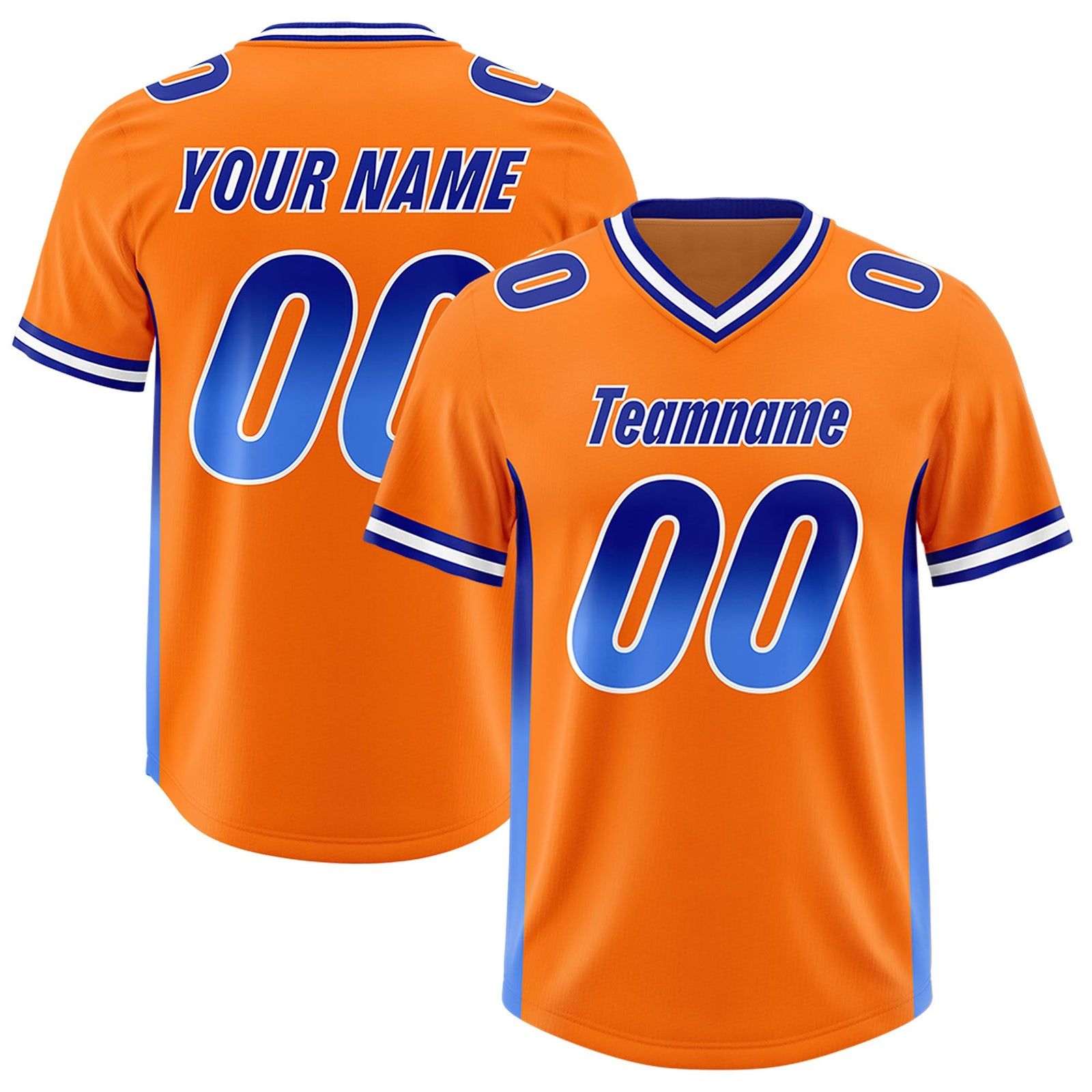 Custom Orange Royal and Powder Blue Sides Gradient Fashion Personalized Team Football Jersey