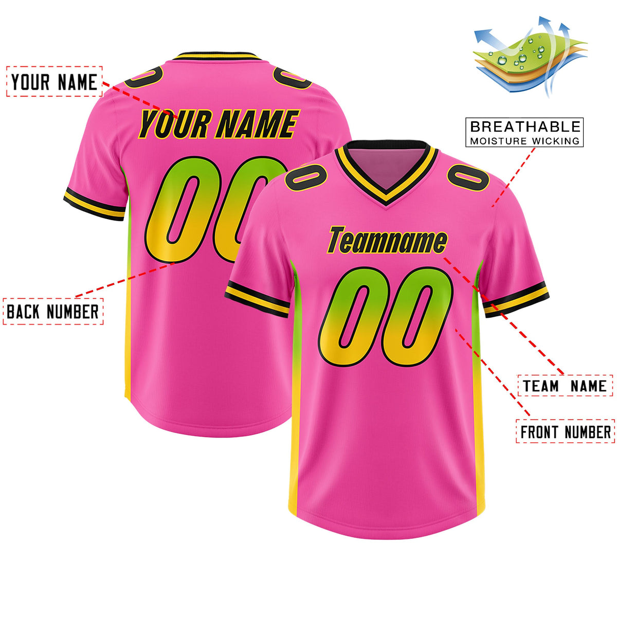 Custom Pink Neon Green and Gold Sides Gradient Fashion Personalized Team Football Jersey