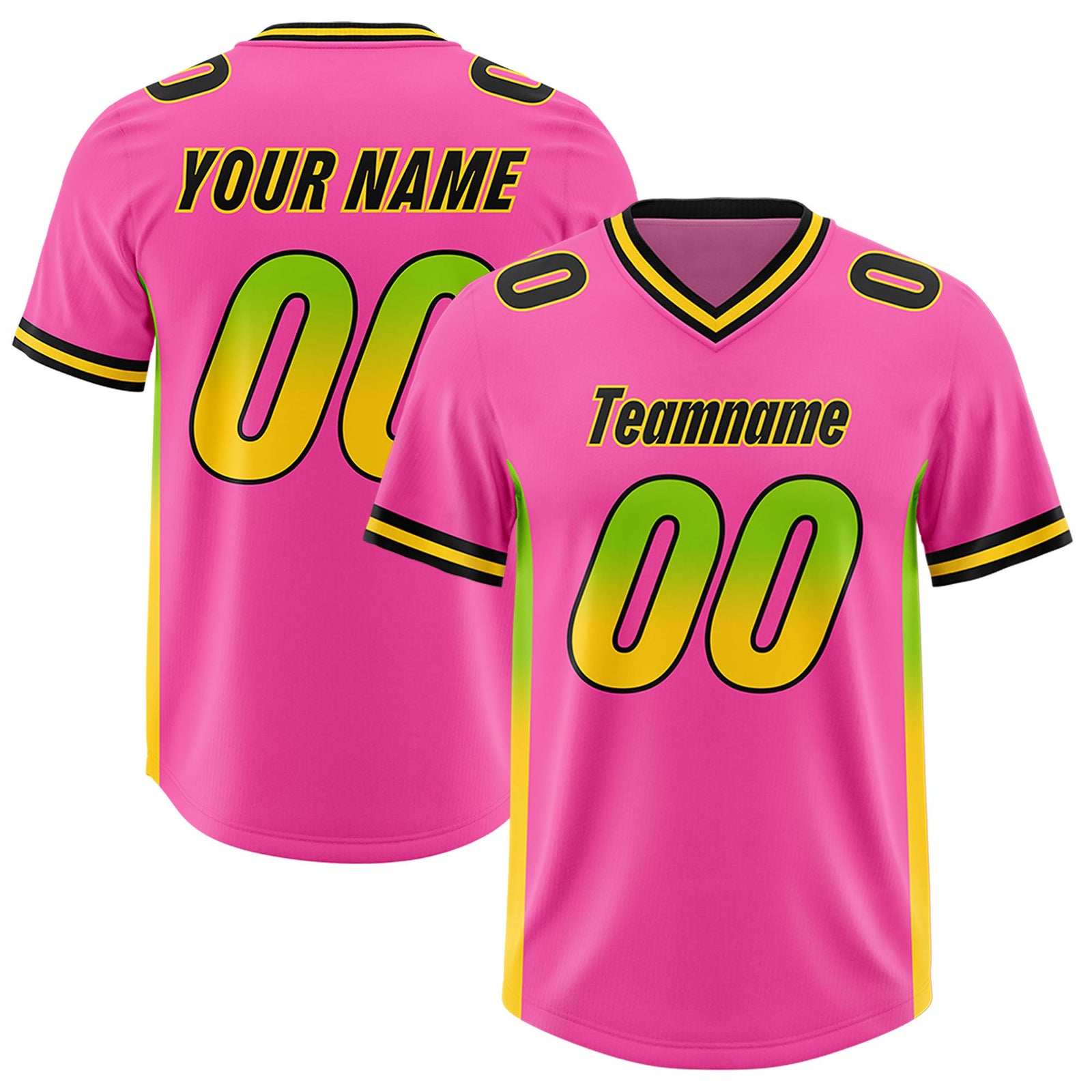 Custom Pink Neon Green and Gold Sides Gradient Fashion Personalized Team Football Jersey