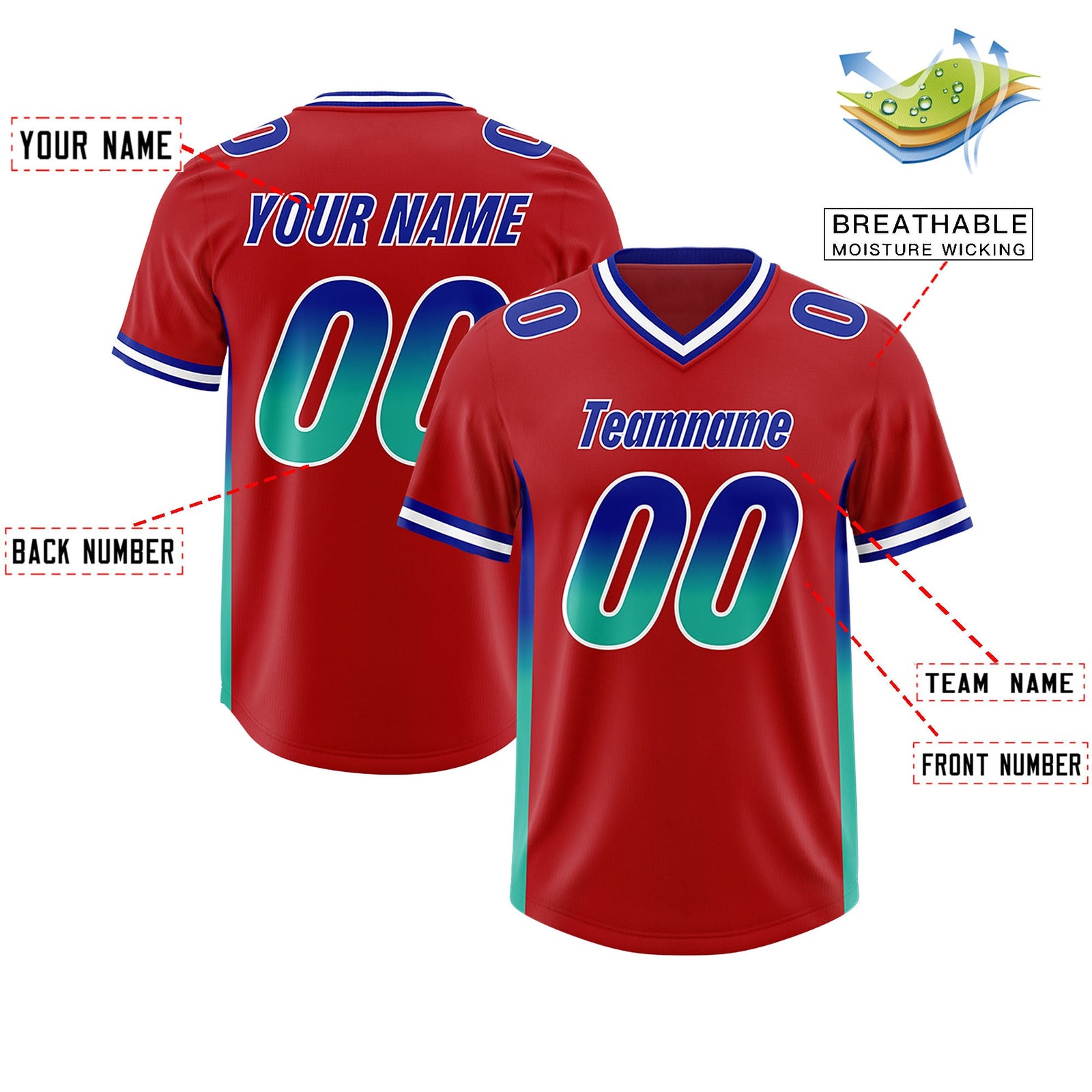 Custom Red Royal and Bright Green Sides Gradient Fashion Personalized Team Football Jersey