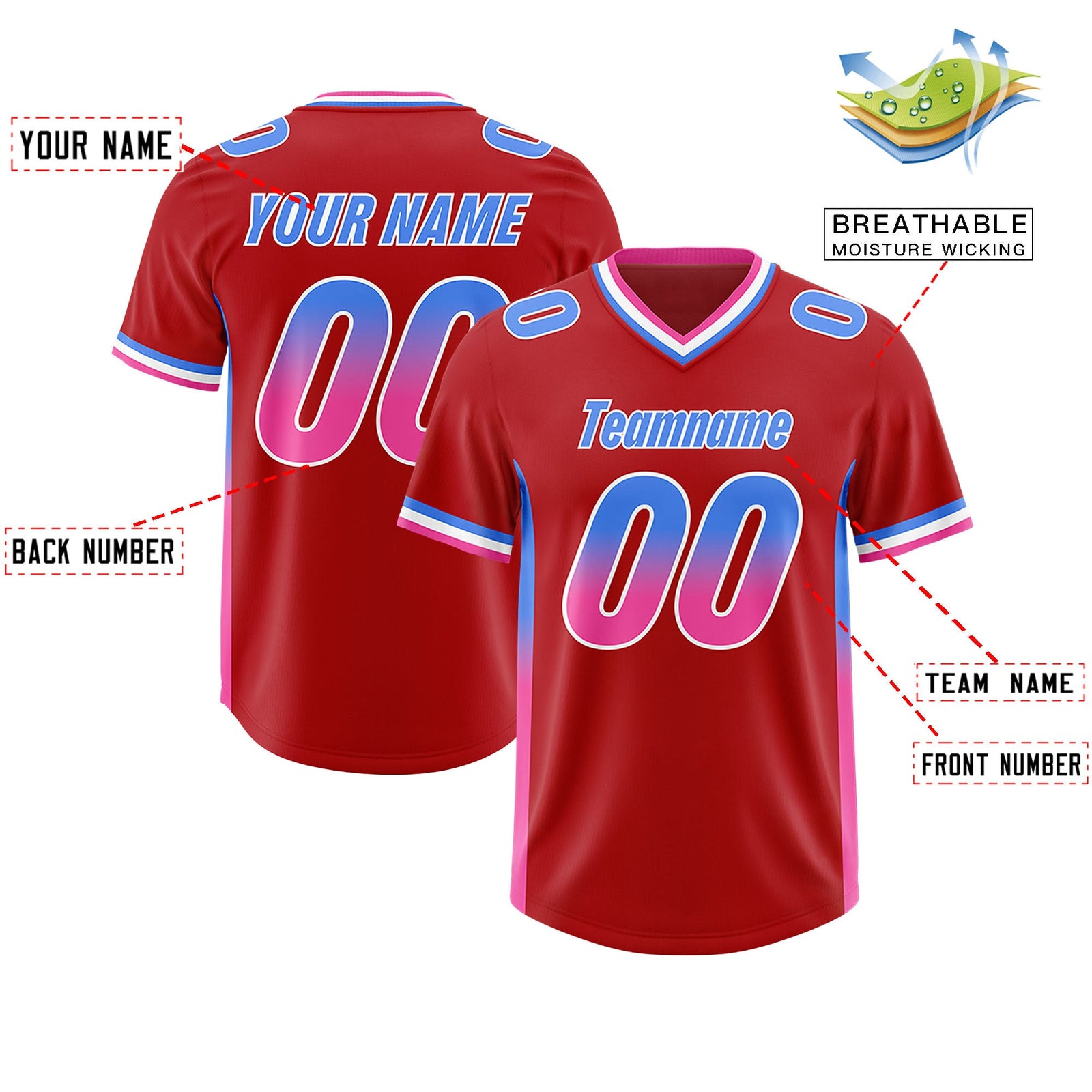 Custom Red Powder Blue and Pink Sides Gradient Fashion Personalized Team Football Jersey