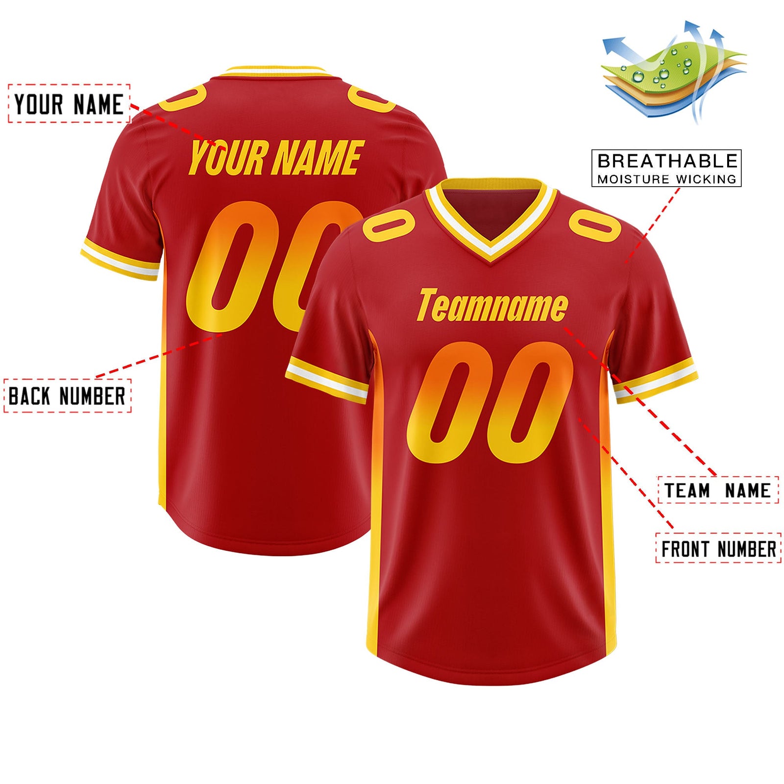 Custom Red Orange and Gold Sides Gradient Fashion Personalized Team Football Jersey