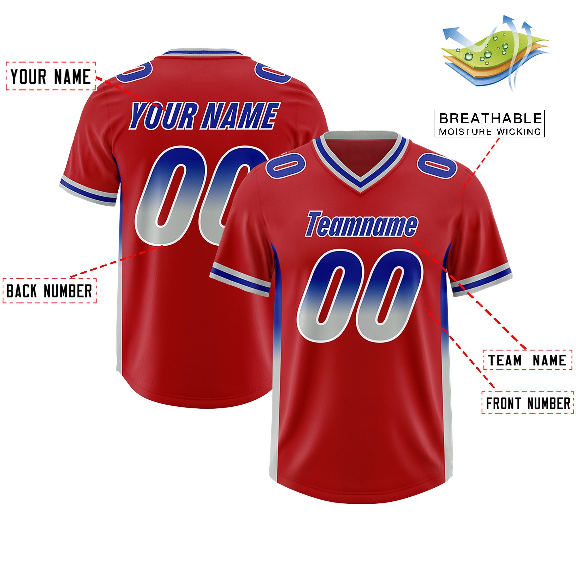 Custom Red Royal and Gray Sides Gradient Fashion Personalized Team Football Jersey