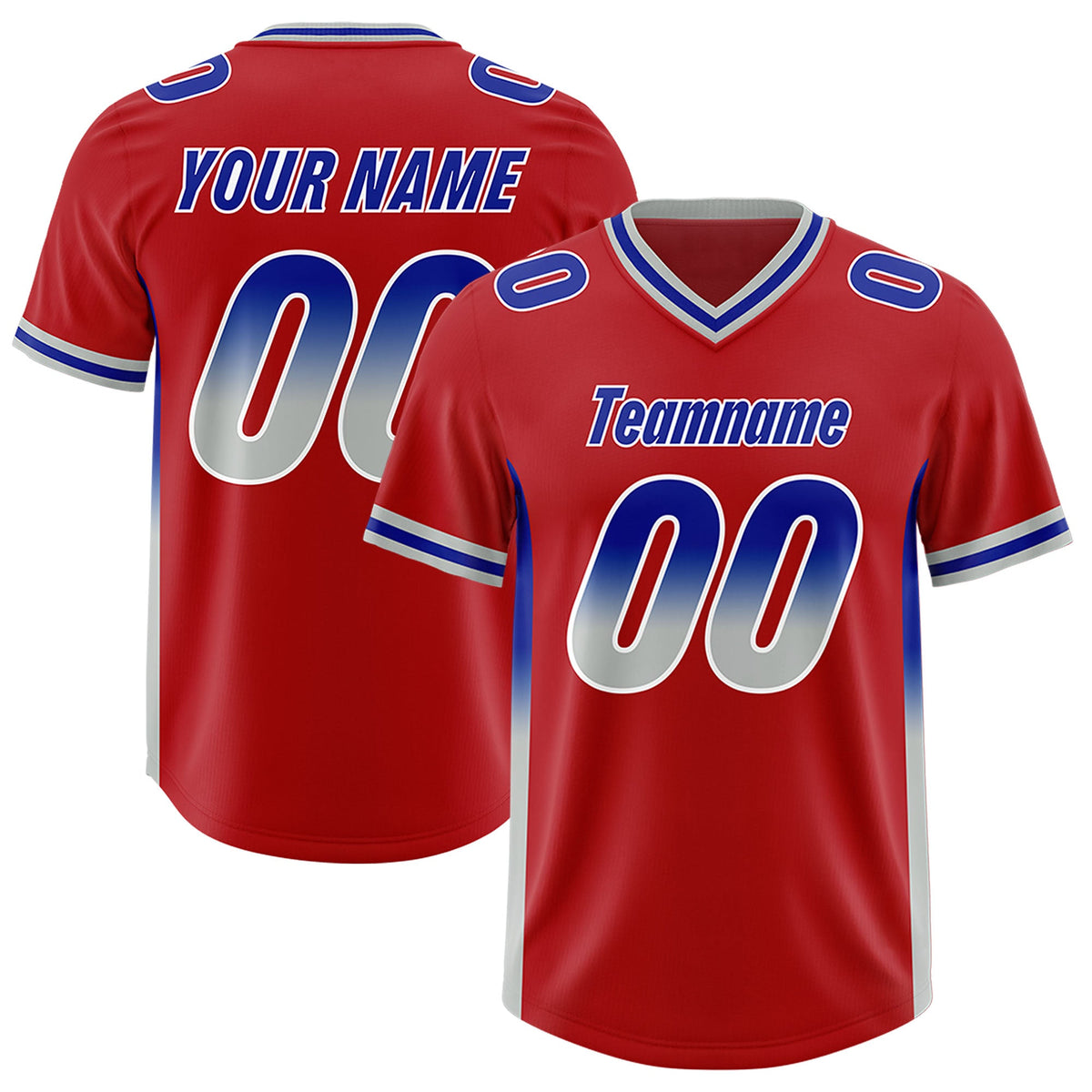 Custom Red Royal and Gray Sides Gradient Fashion Personalized Team Football Jersey