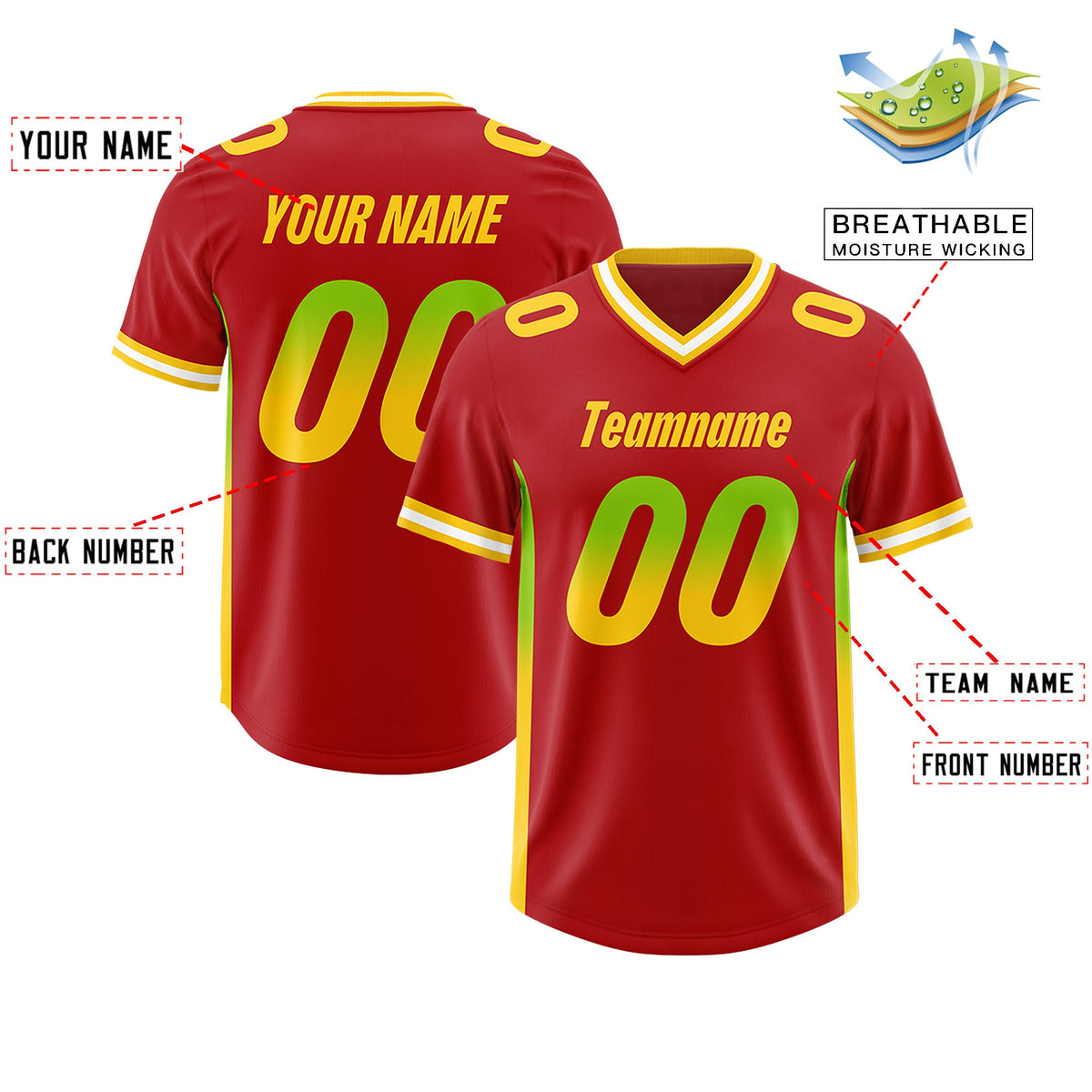Custom Red Neon Green and Gold Sides Gradient Fashion Personalized Team Football Jersey
