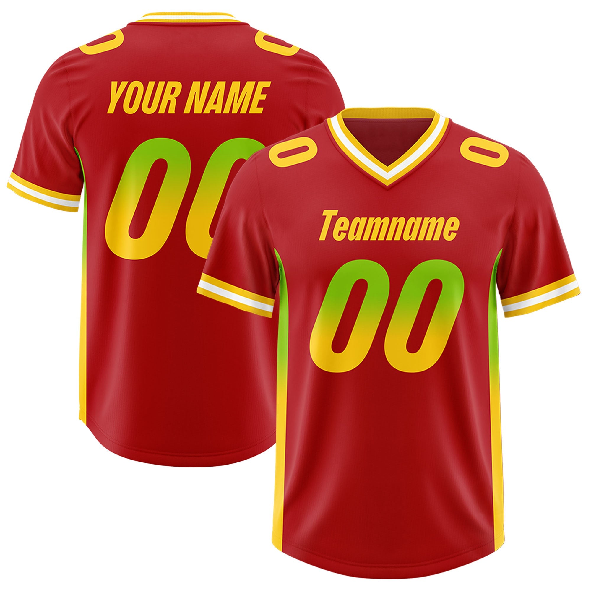 Custom Red Neon Green and Gold Sides Gradient Fashion Personalized Team Football Jersey