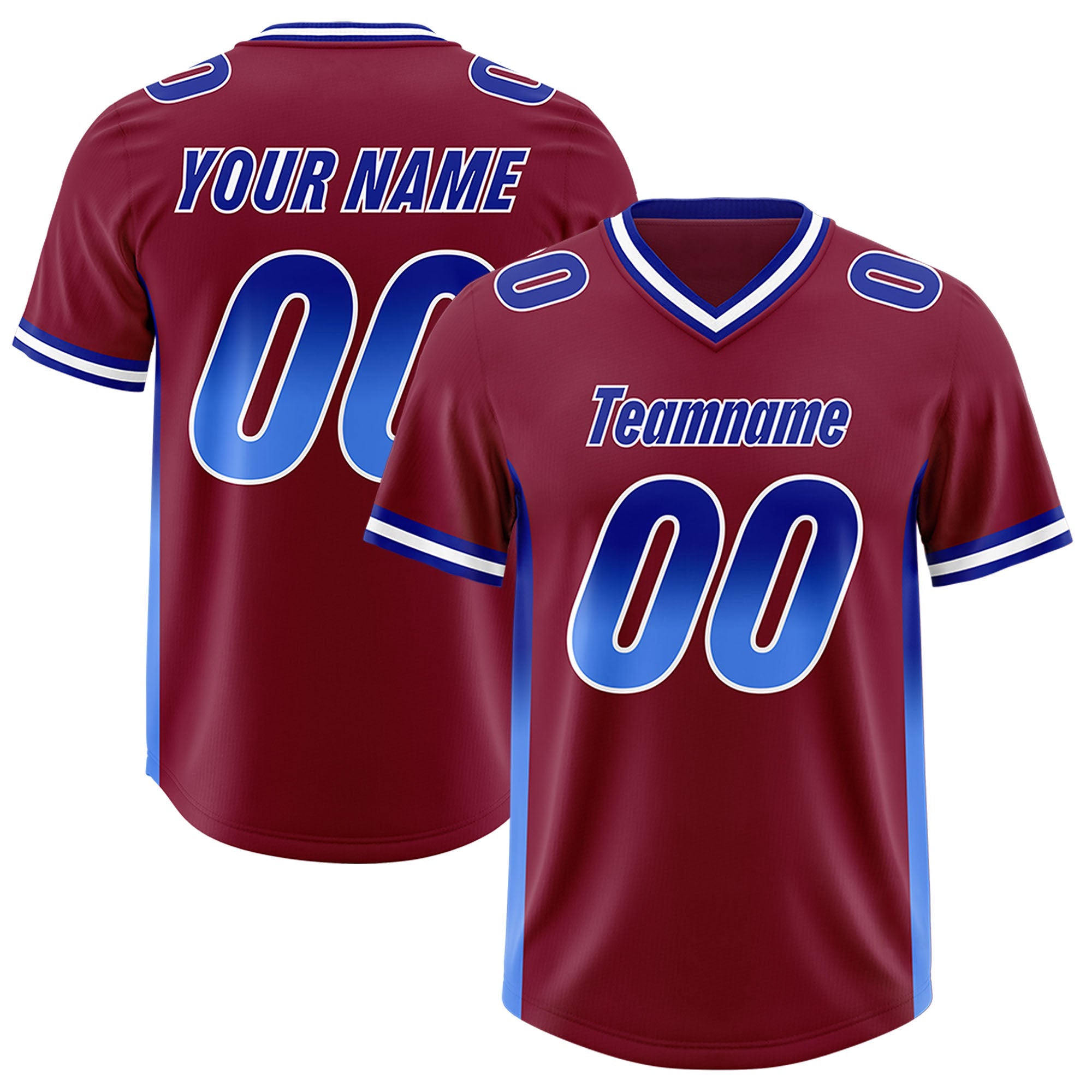 Custom Cardinal Royal and Powder Blue Sides Gradient Fashion Personalized Team Football Jersey