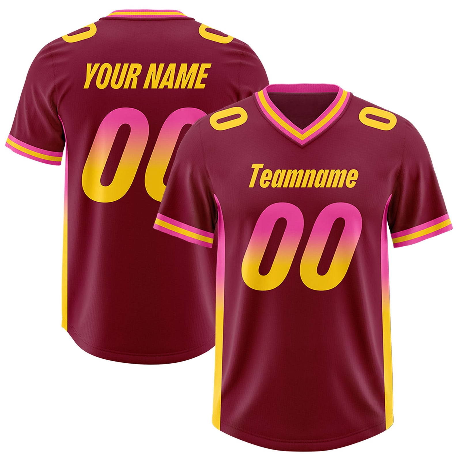 Custom Cardinal Pink and Gold Sides Gradient Fashion Personalized Team Football Jersey