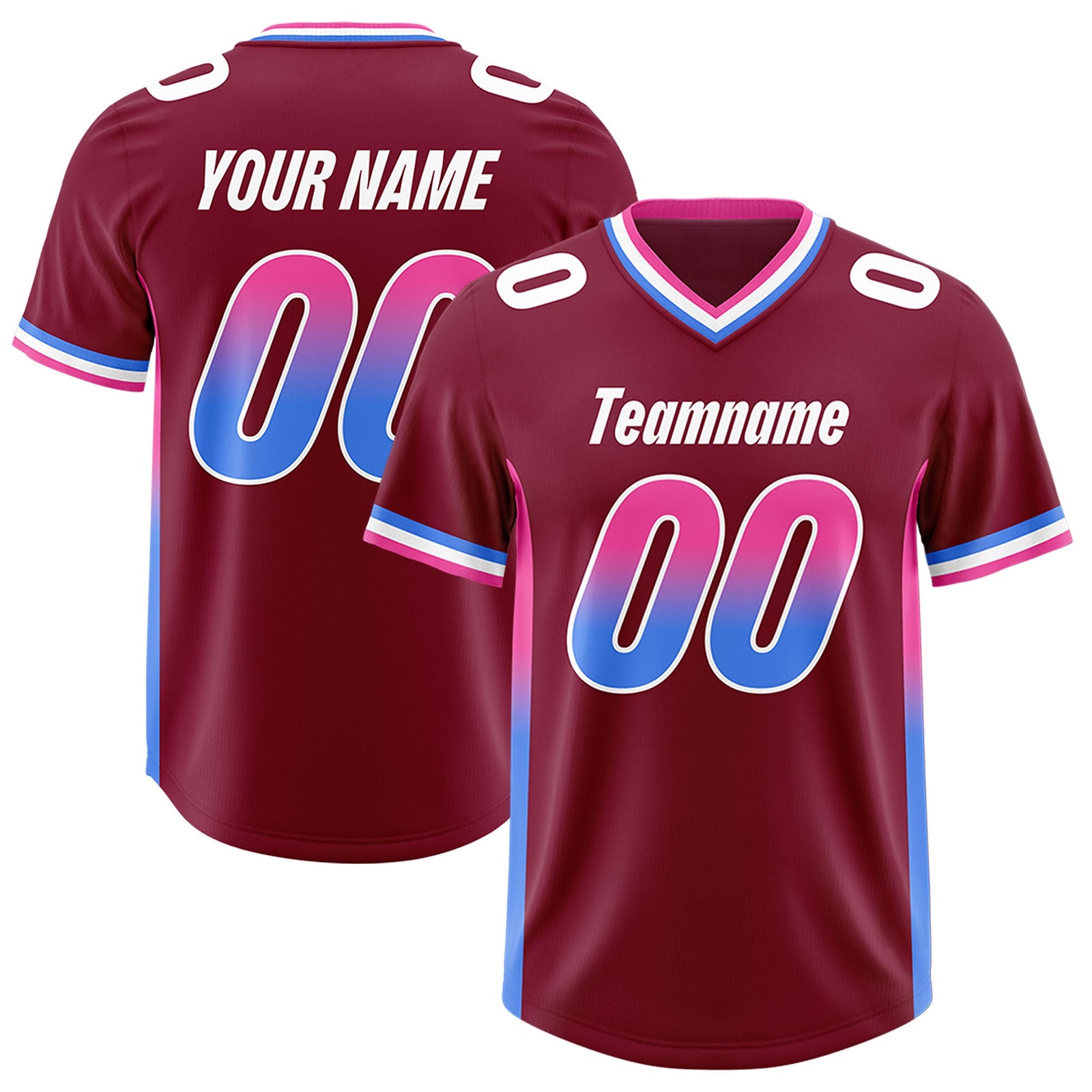 Custom Cardinal Pink and Powder Blue Sides Gradient Fashion Personalized Team Football Jersey