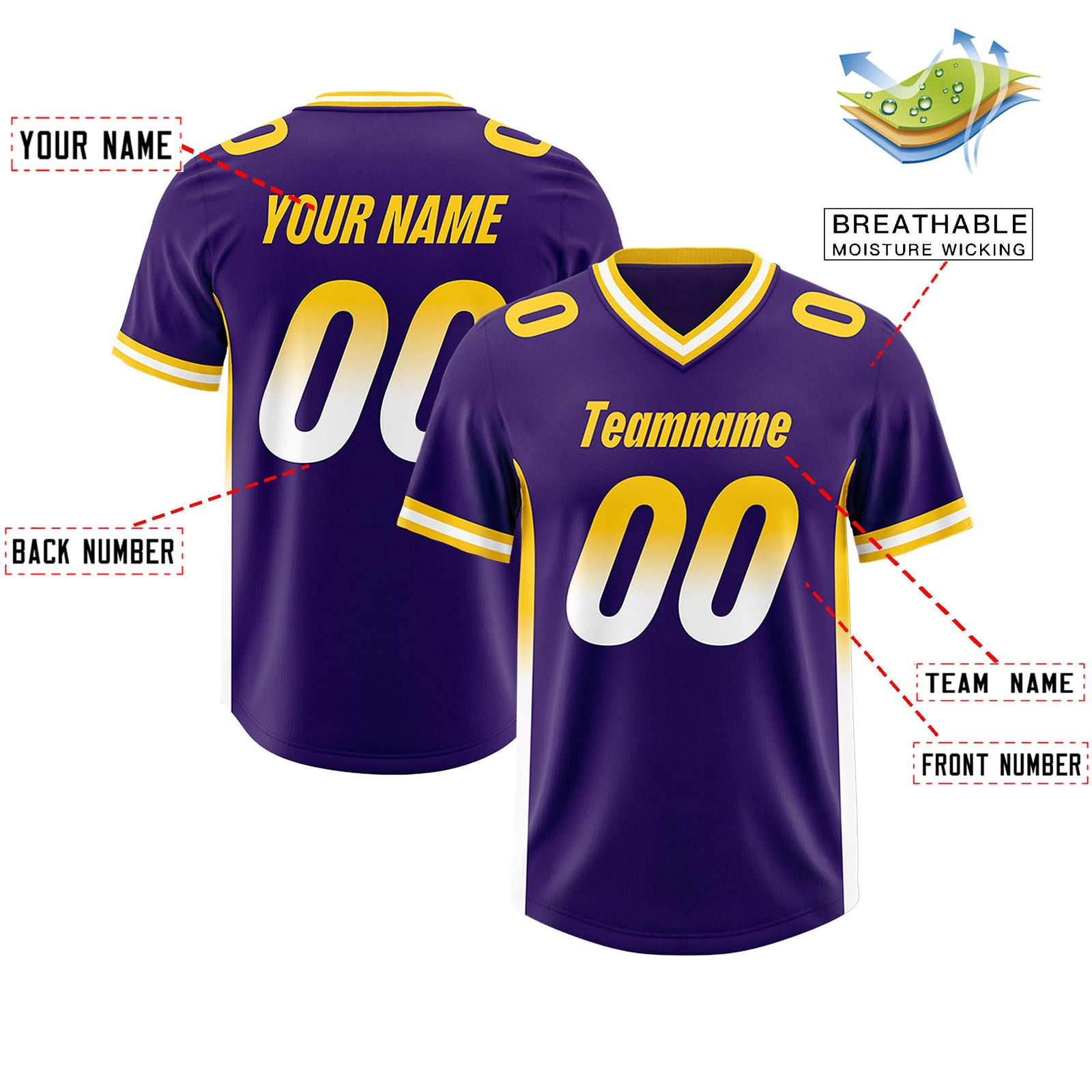 Custom Purple Gold Sides Gradient Fashion Personalized Team Football Jersey