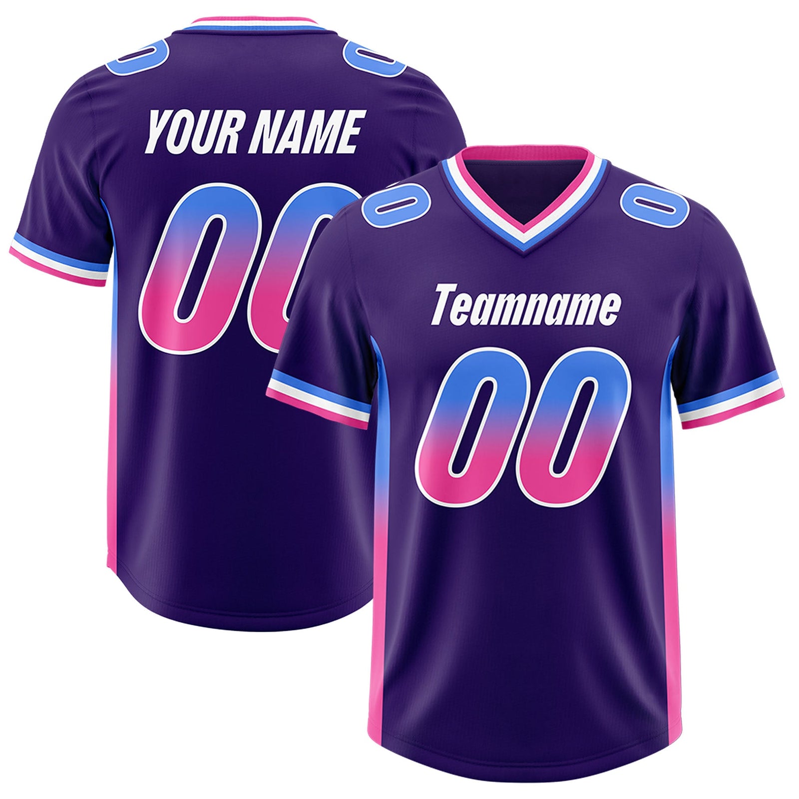 Custom Purple Powder Blue and Pink Sides Gradient Fashion Personalized Team Football Jersey