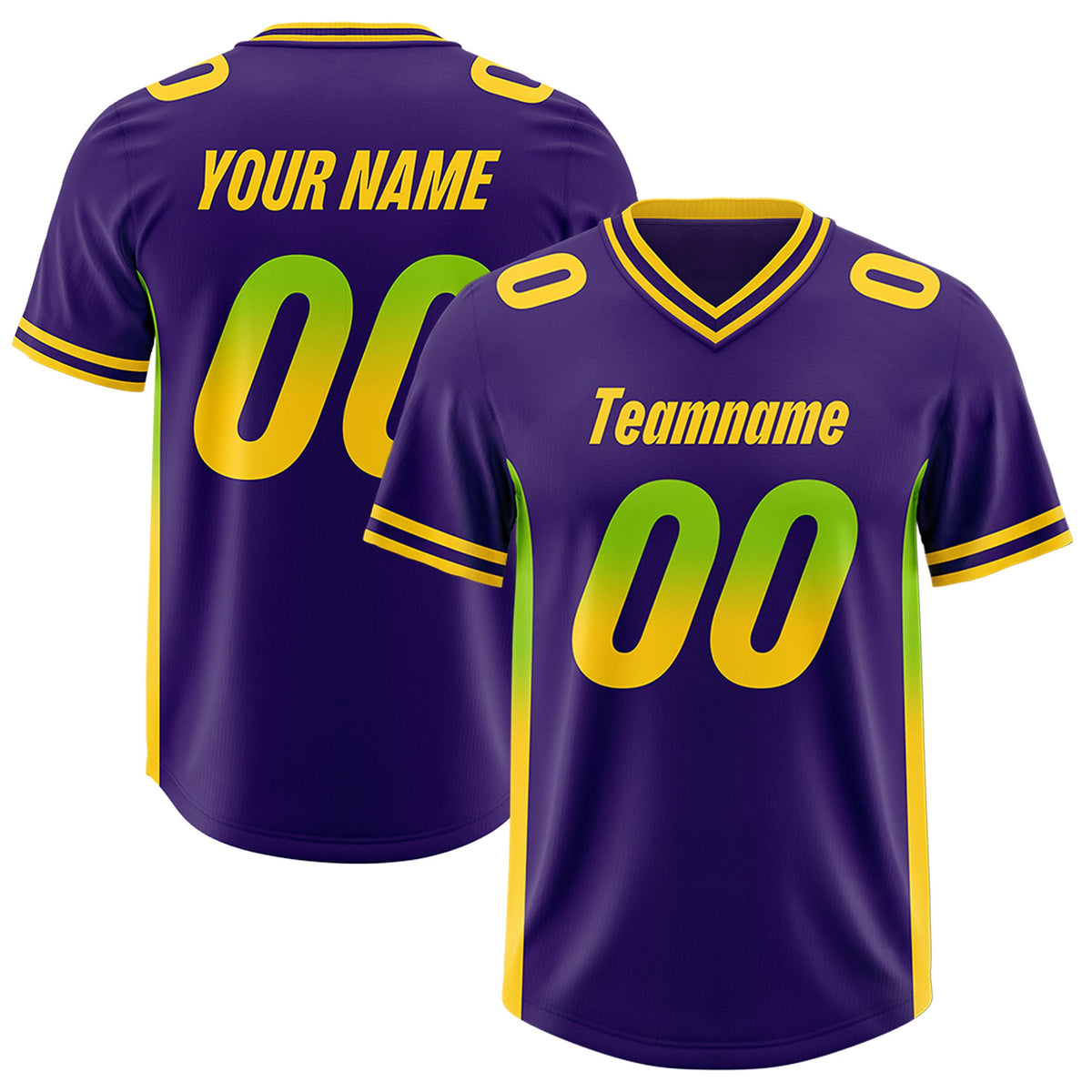 Custom Purple Neon Green and Gold Sides Gradient Fashion Personalized Team Football Jersey