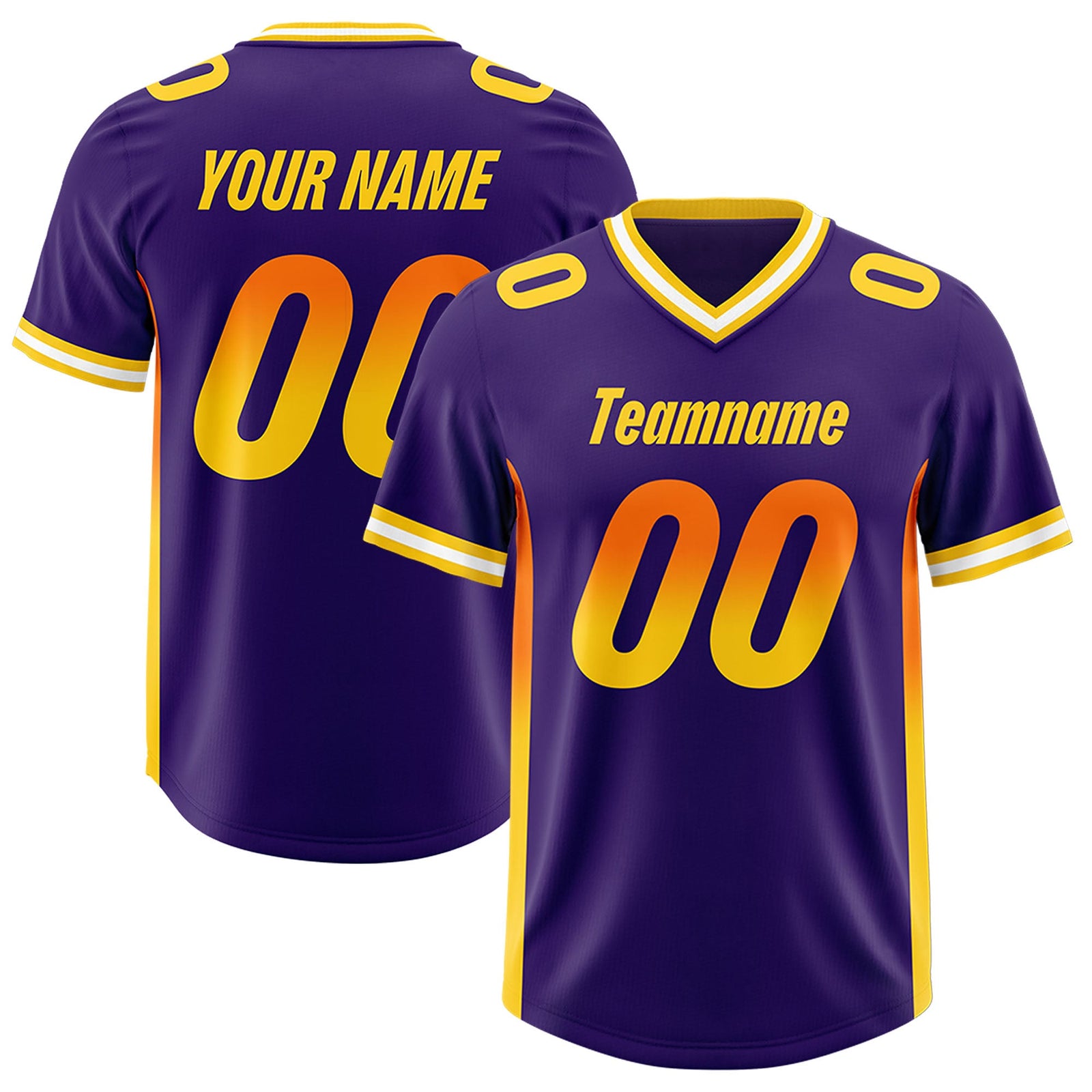 Custom Purple Orange and Gold Sides Gradient Fashion Personalized Team Football Jersey