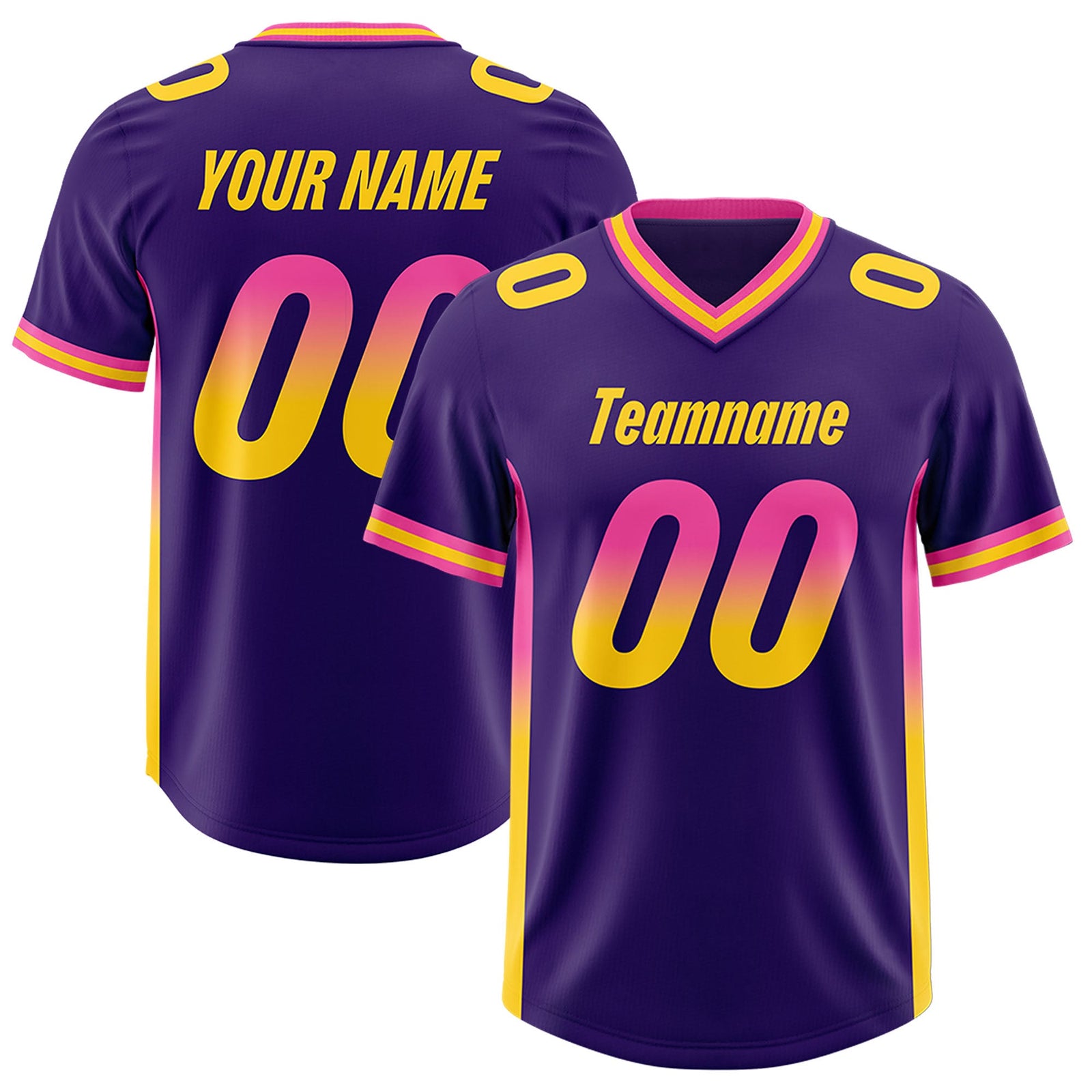 Custom Purple Pink and Gold Sides Gradient Fashion Personalized Team Football Jersey