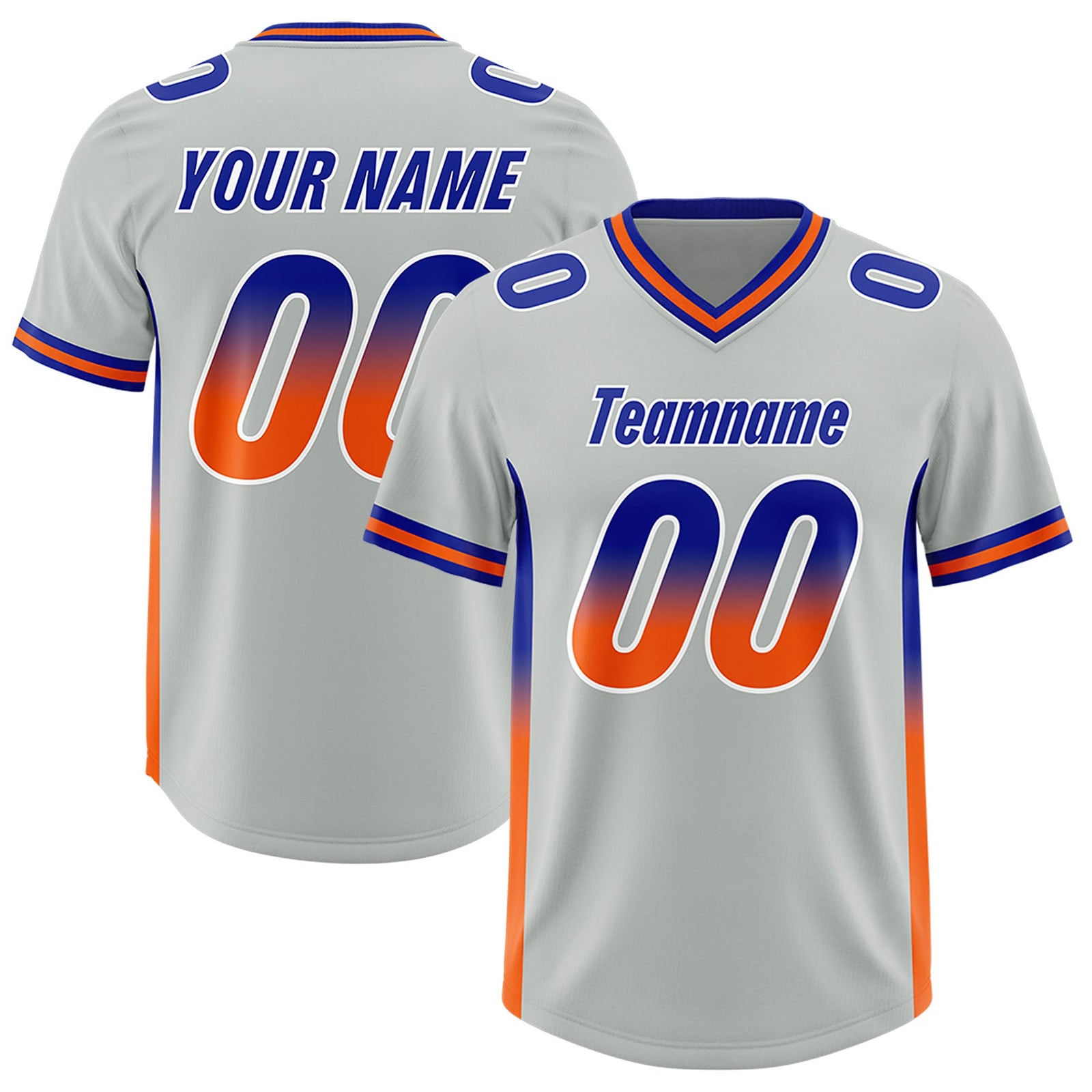 Custom Gray Royal and Orange Sides Gradient Fashion Personalized Team Football Jersey