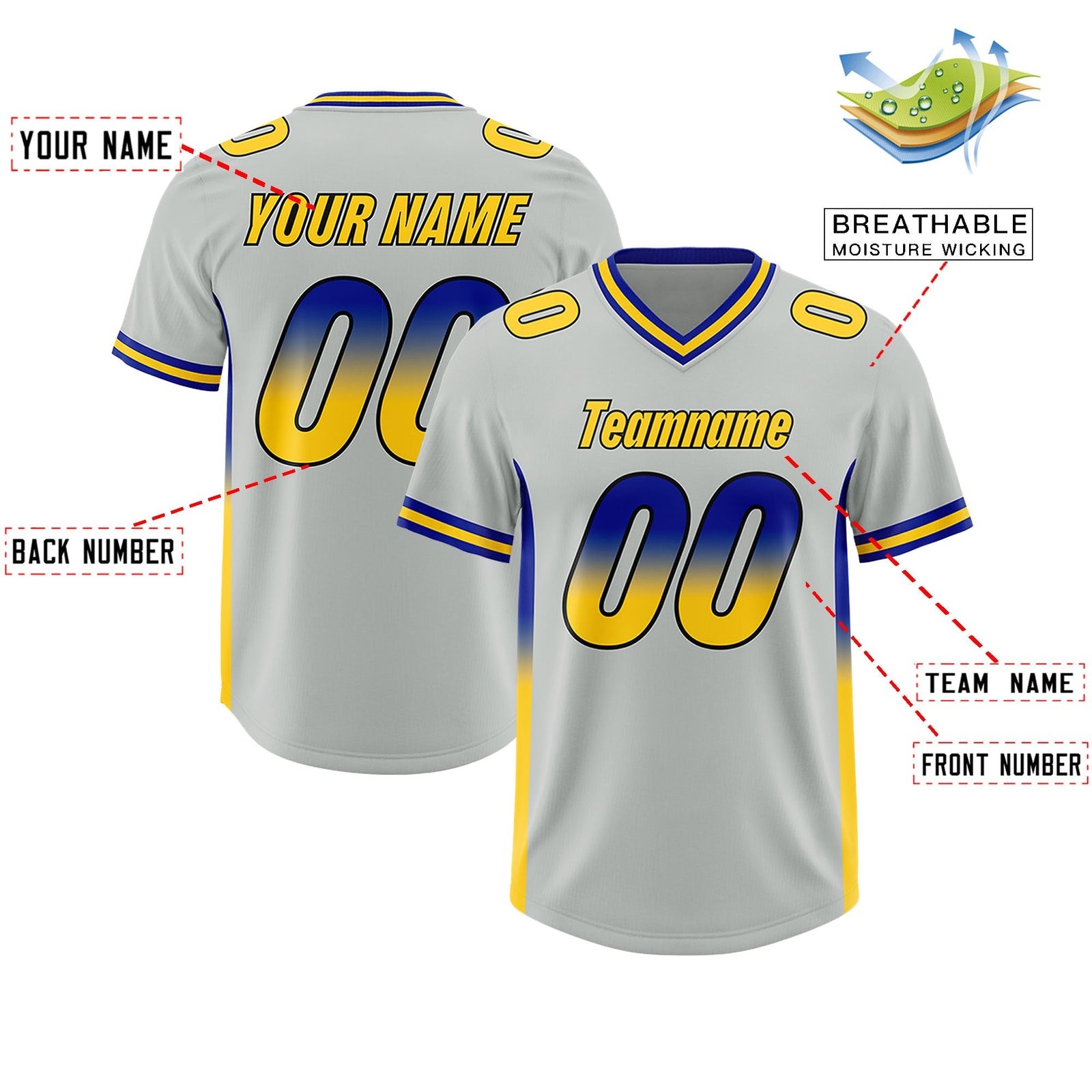 Custom Gray Royal and Gold Sides Gradient Fashion Personalized Team Football Jersey