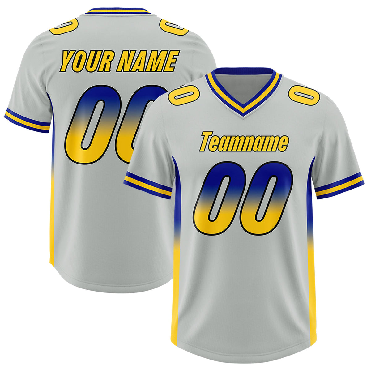 Custom Gray Royal and Gold Sides Gradient Fashion Personalized Team Football Jersey