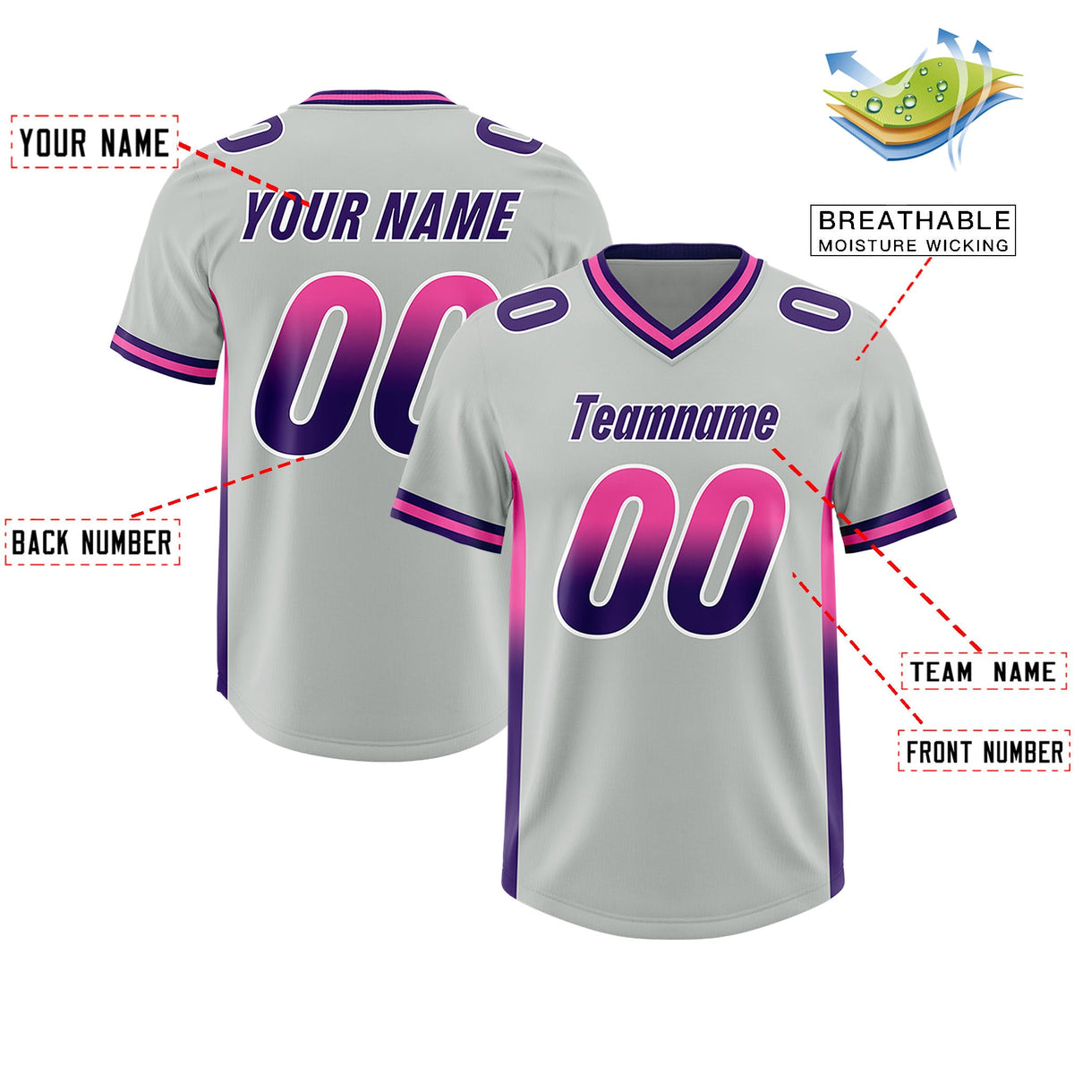 Custom Gray Pink and Purple Sides Gradient Fashion Personalized Team Football Jersey