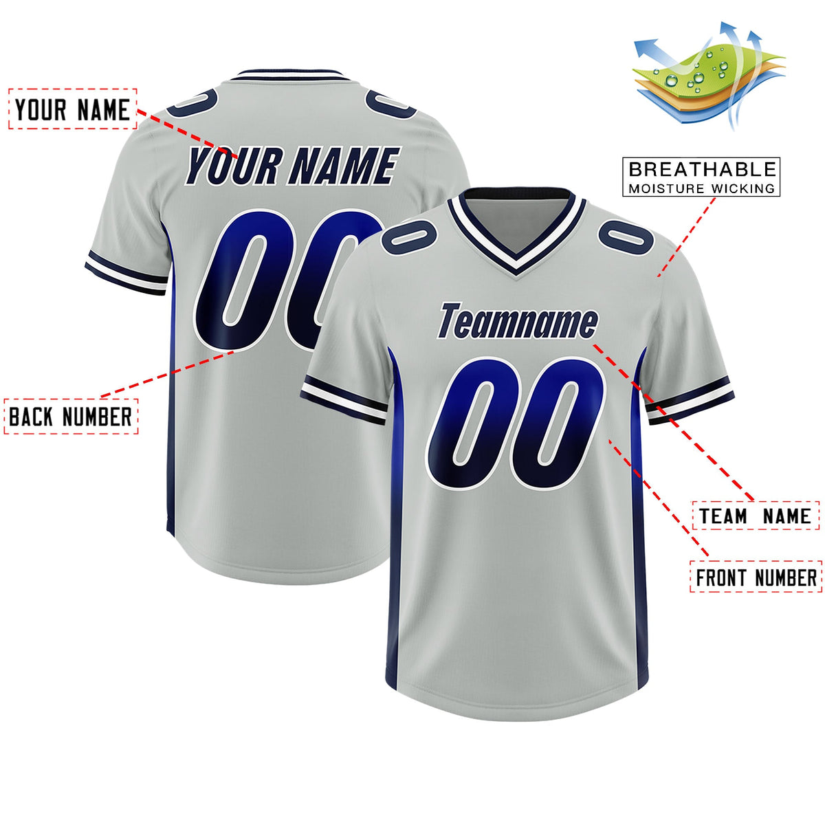 Custom Gray Royal and Navy Sides Gradient Fashion Personalized Team Football Jersey