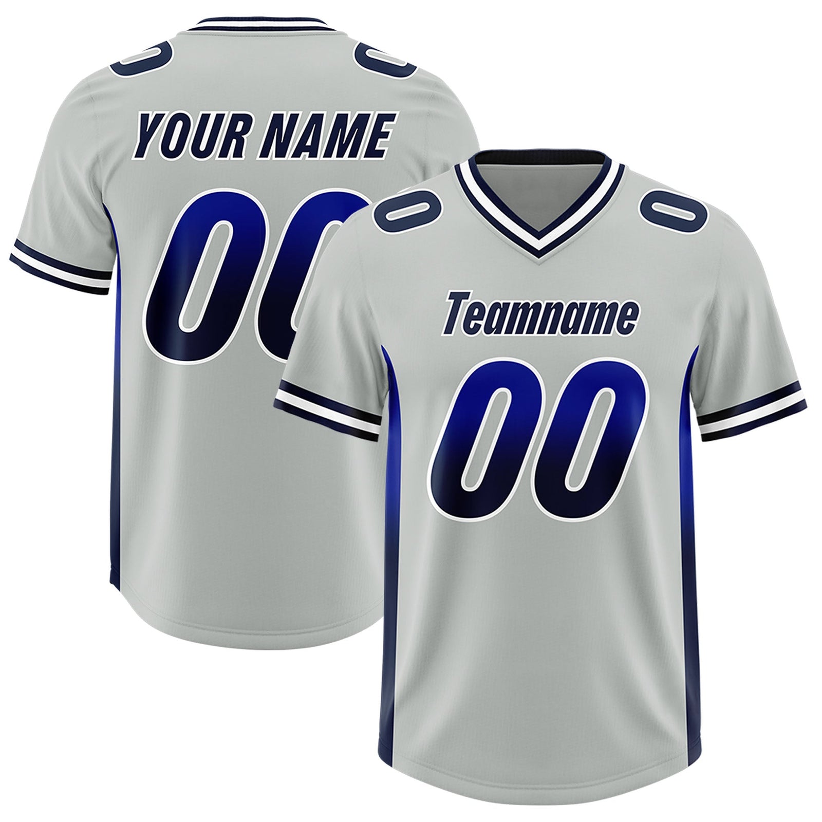 Custom Gray Royal and Navy Sides Gradient Fashion Personalized Team Football Jersey