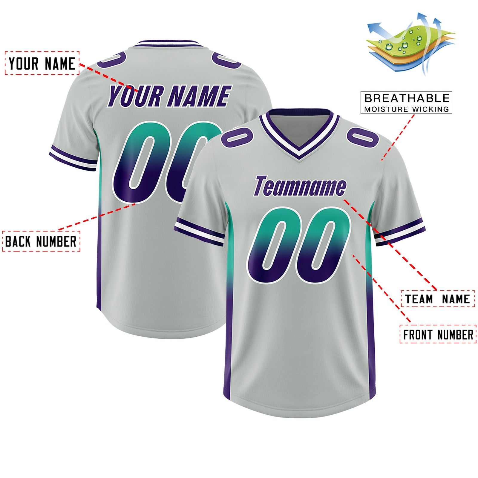Custom Gray Bright Green and Purple Sides Gradient Fashion Personalized Team Football Jersey
