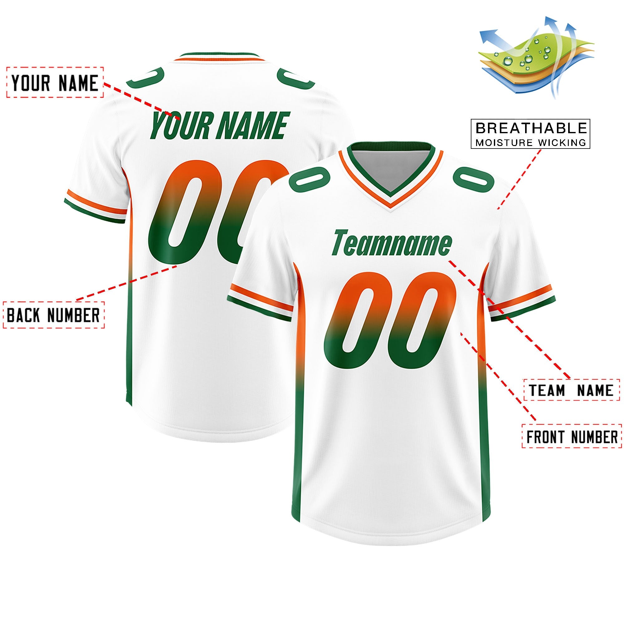 Custom White Orange and Kelly Green Sides Gradient Fashion Personalized Team Football Jersey