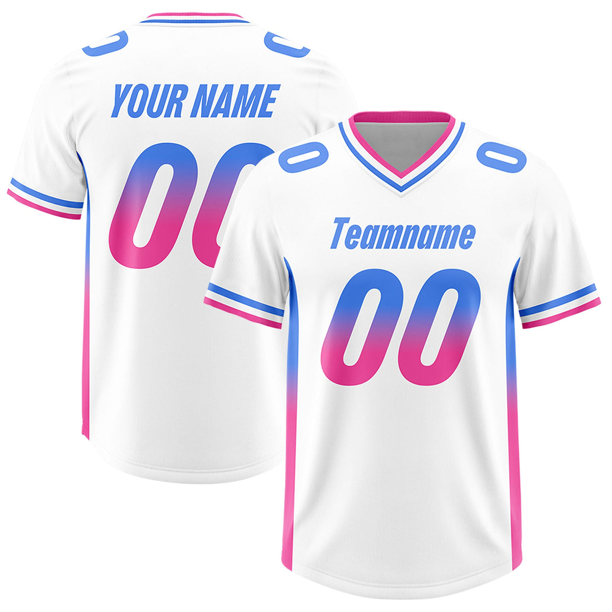 Custom White Powder Blue and Pink Sides Gradient Fashion Personalized Team Football Jersey