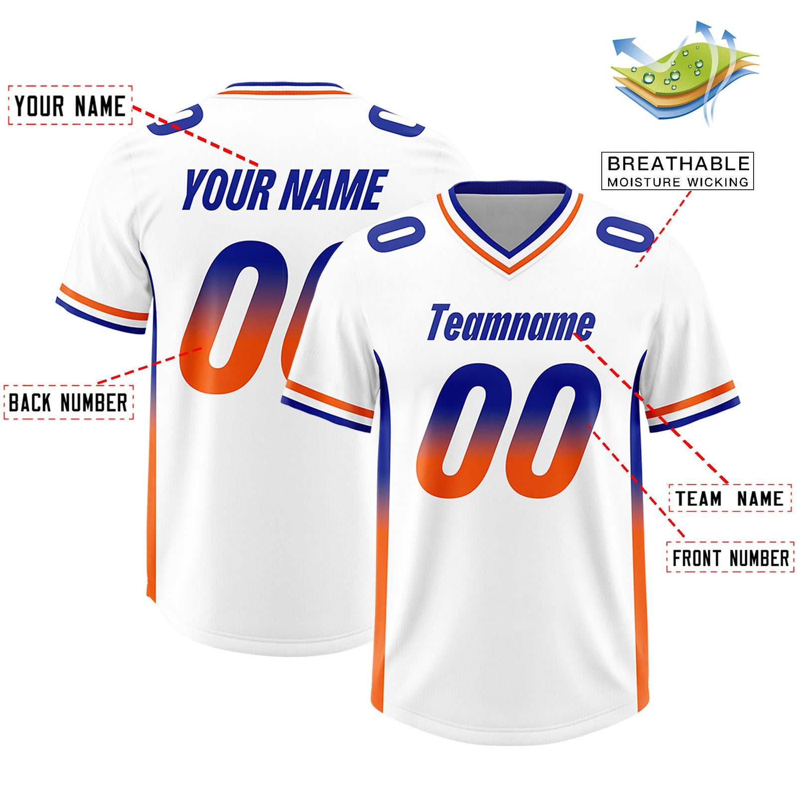 Custom White Royal and Orange Sides Gradient Fashion Personalized Team Football Jersey