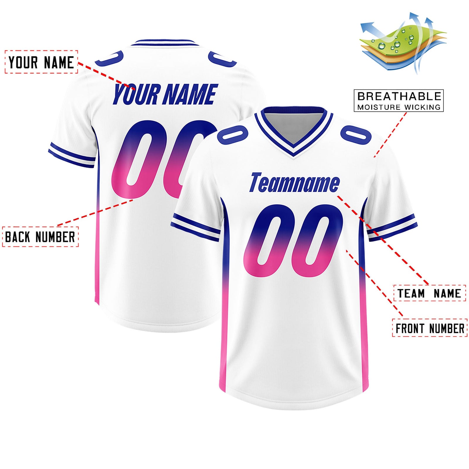 Custom White Royal and Pink Sides Gradient Fashion Personalized Team Football Jersey