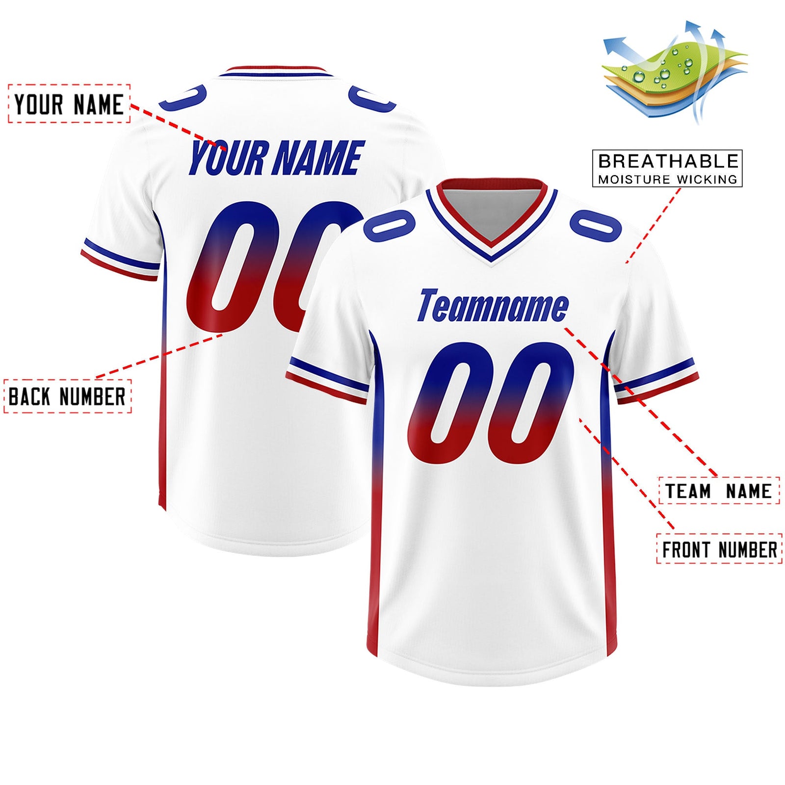 Custom White Royal and Red Sides Gradient Fashion Personalized Team Football Jersey