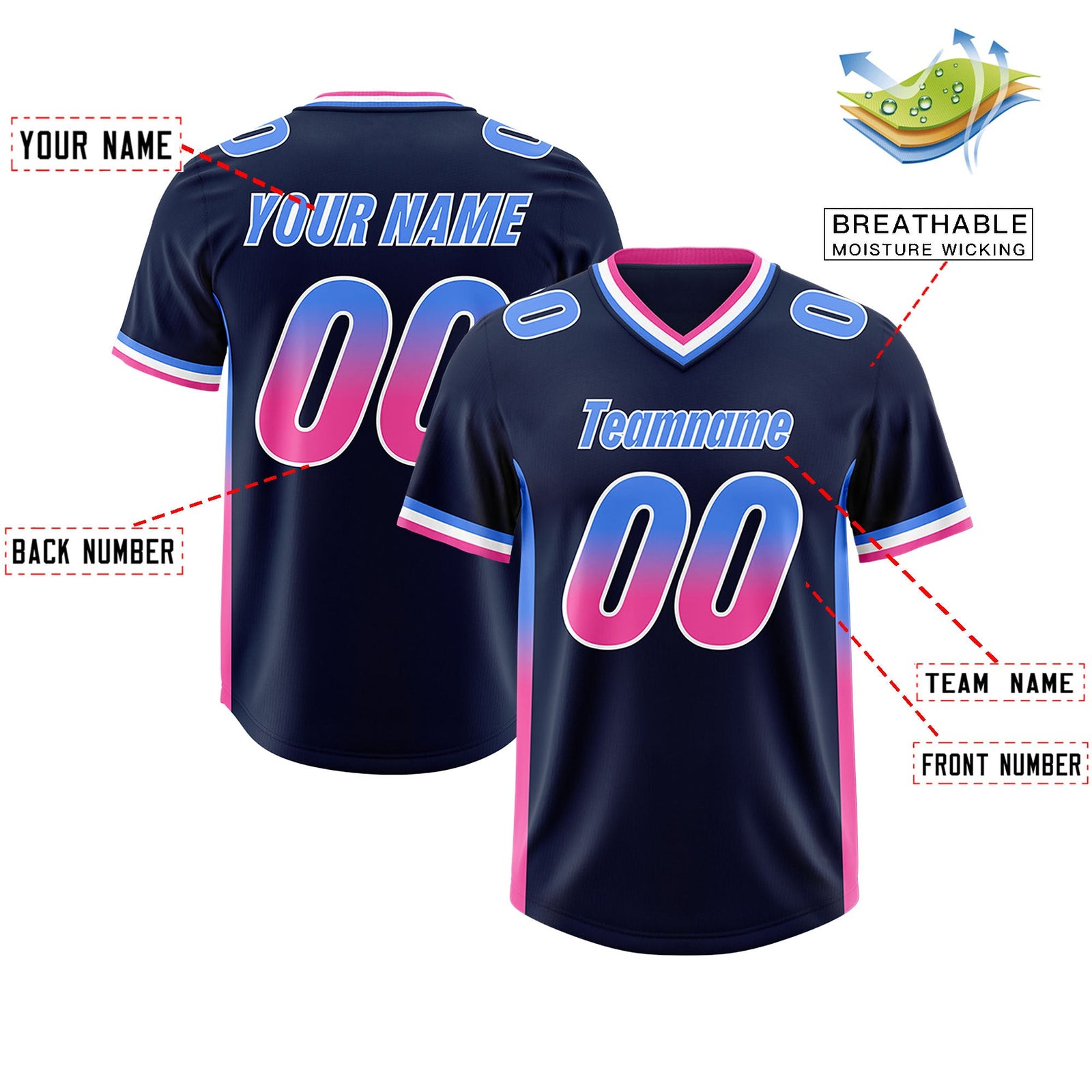 Custom Navy Powder Blue and Pink Sides Gradient Fashion Personalized Team Football Jersey