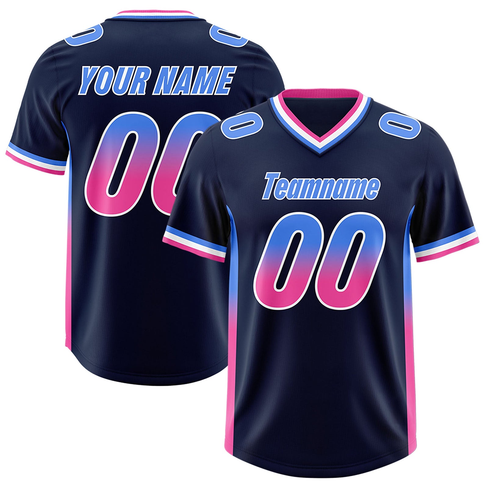 Custom Navy Powder Blue and Pink Sides Gradient Fashion Personalized Team Football Jersey