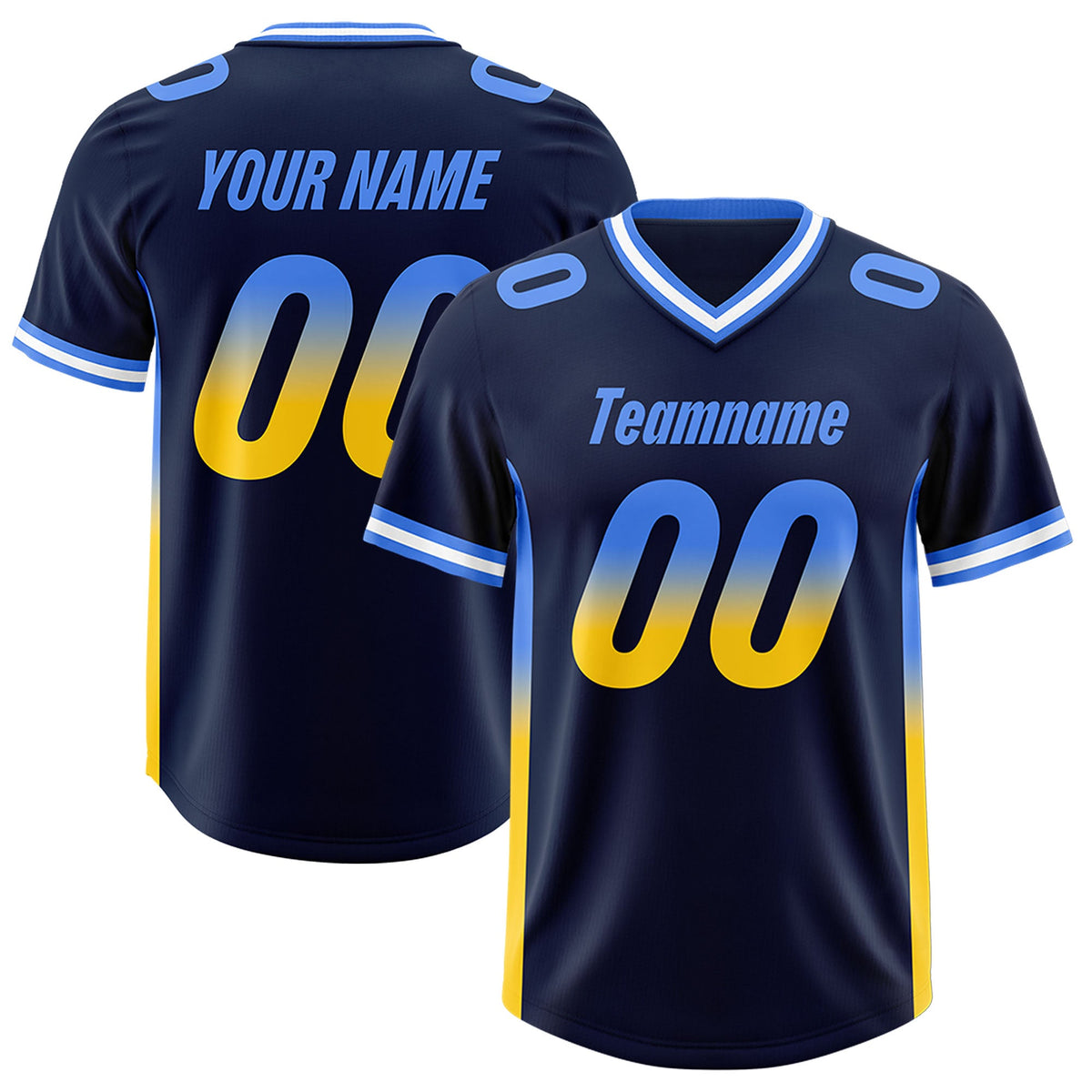 Custom Navy Powder Blue and Gold Sides Gradient Fashion Personalized Team Football Jersey