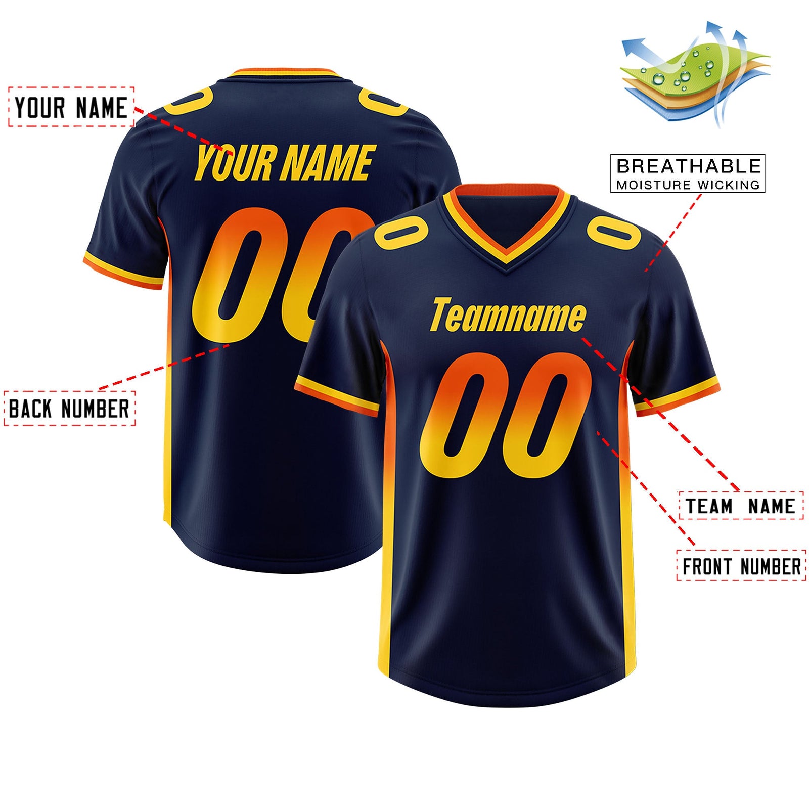 Custom Navy Orange and Gold Sides Gradient Fashion Personalized Team Football Jersey