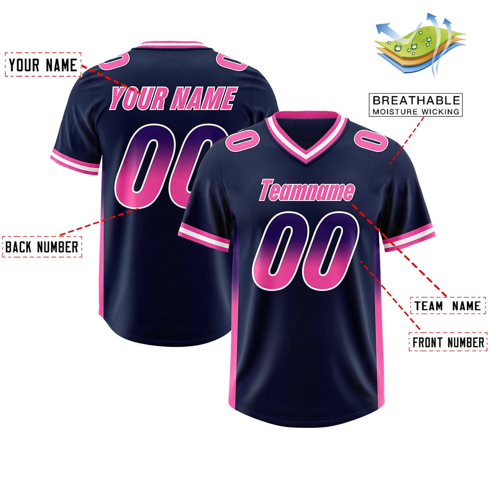 Custom Navy Purple and Pink Sides Gradient Fashion Personalized Team Football Jersey