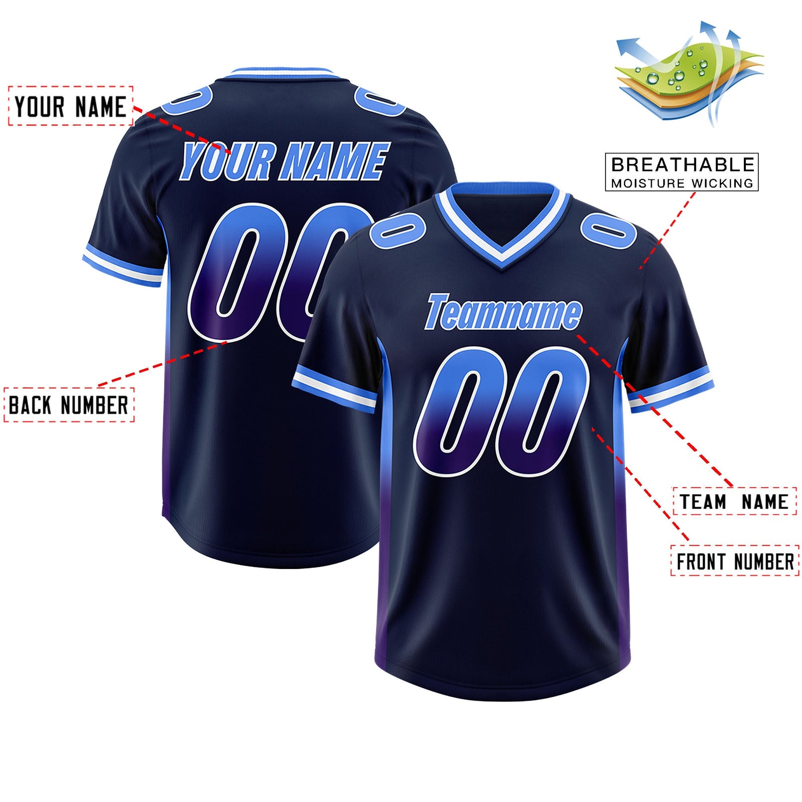 Custom Navy Powder Blue and Purple Sides Gradient Fashion Personalized Team Football Jersey