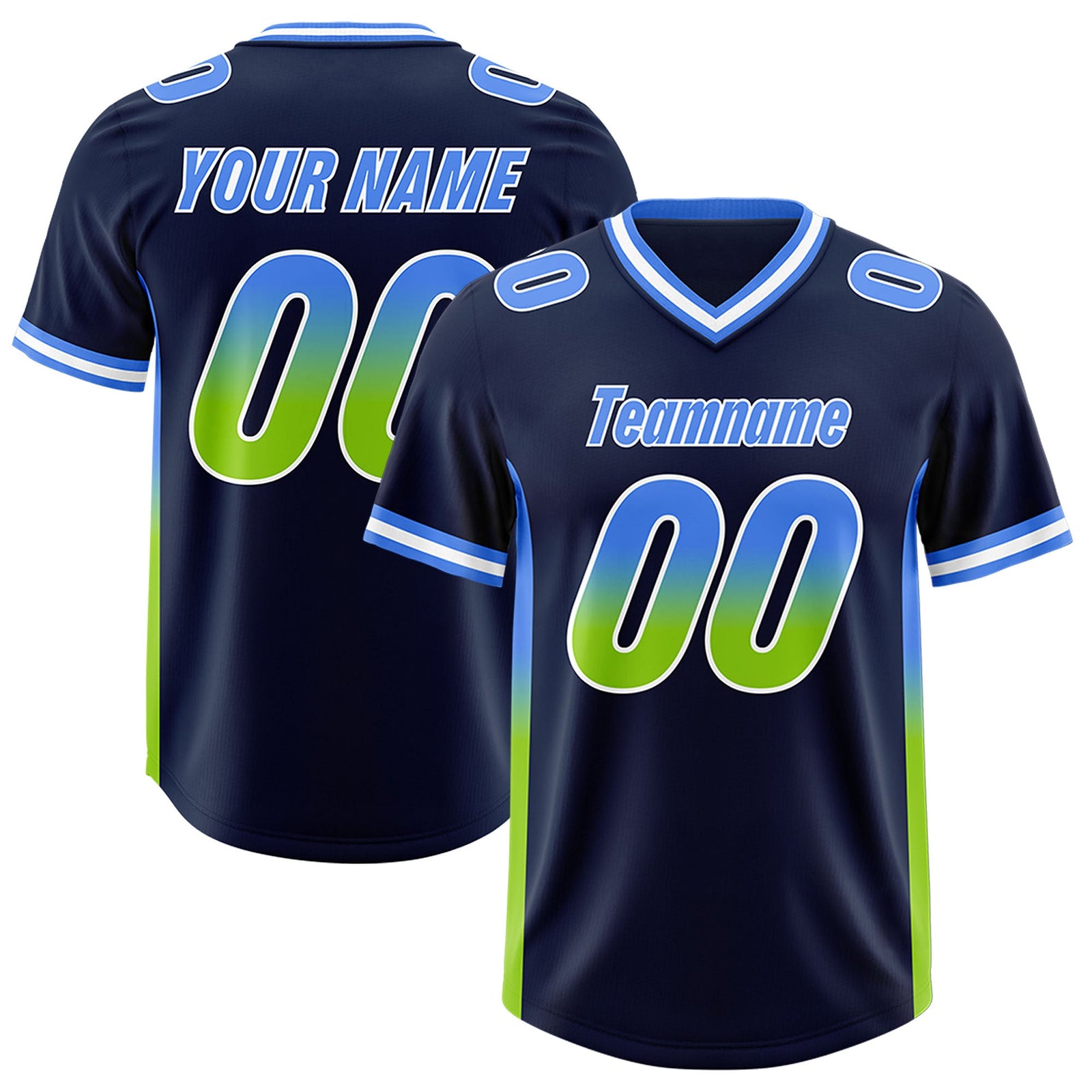 Custom Navy Powder Blue and Neon Green Sides Gradient Fashion Personalized Team Football Jersey