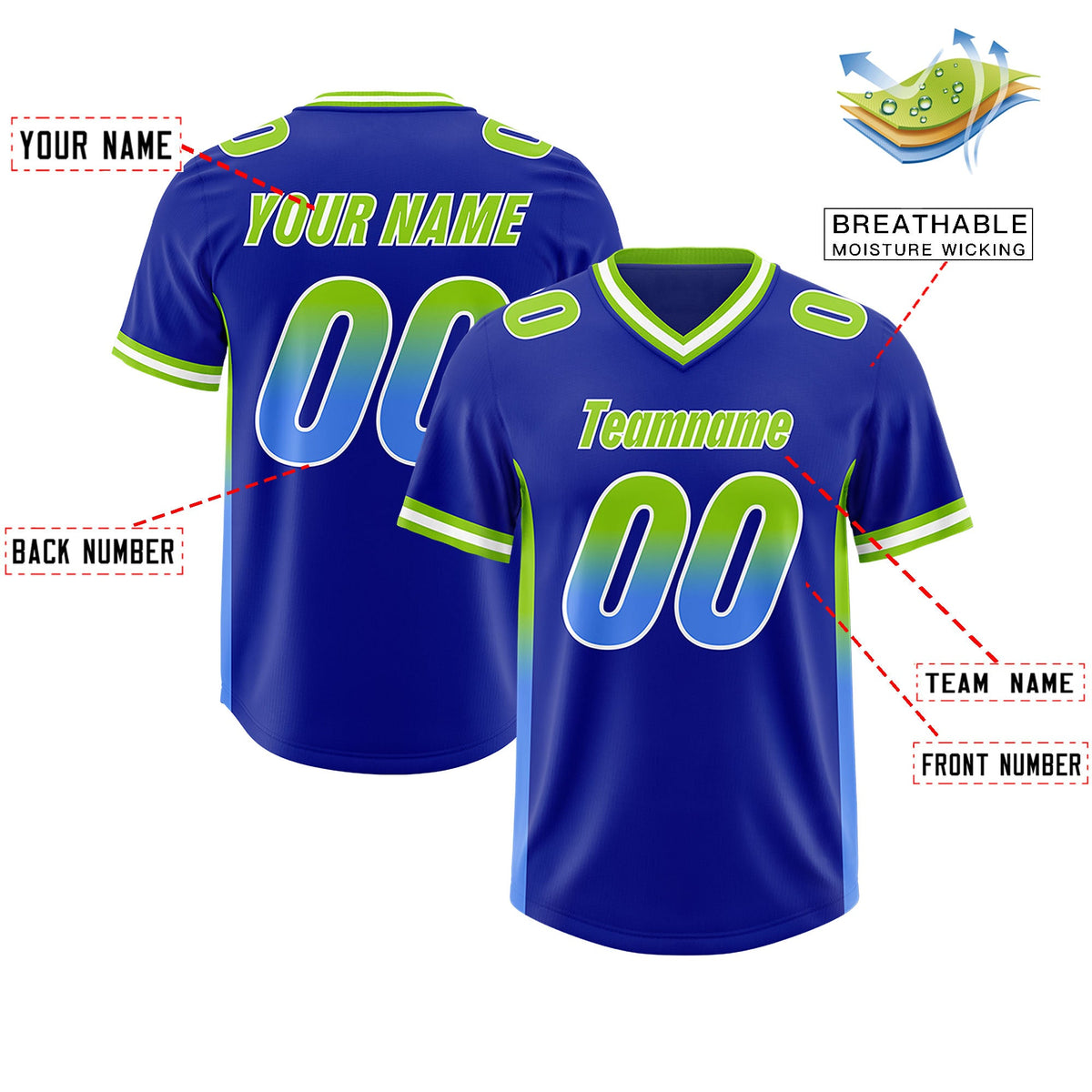 Custom Royal Neon Green and Powder Blue Sides Gradient Fashion Personalized Team Football Jersey