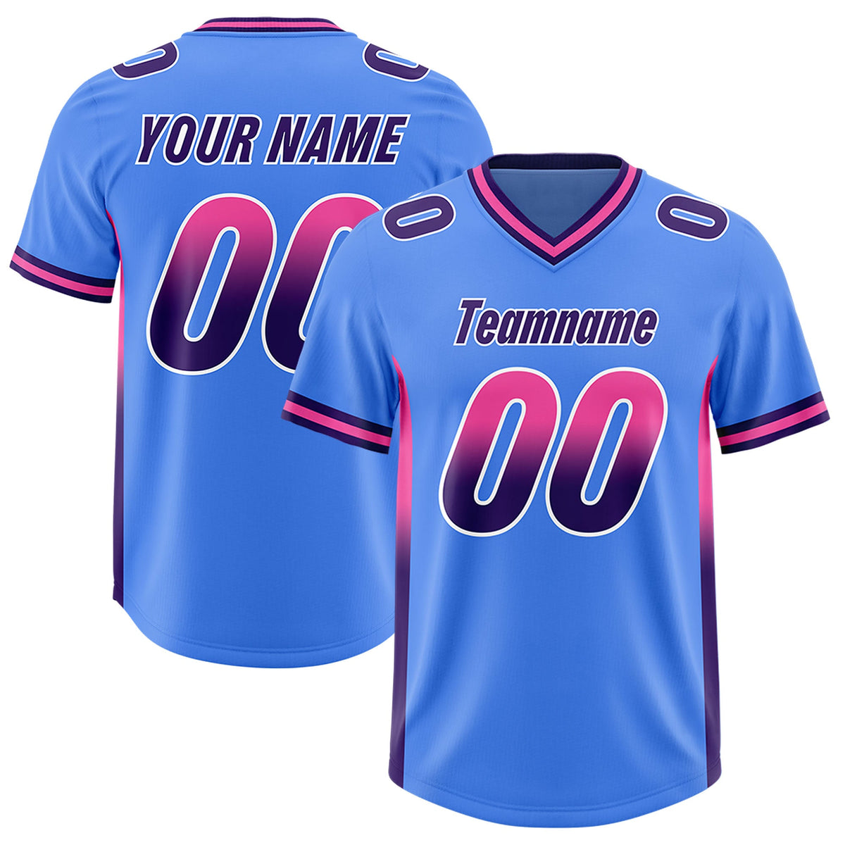 Custom Powder Blue Pink and Purple Sides Gradient Fashion Personalized Team Football Jersey