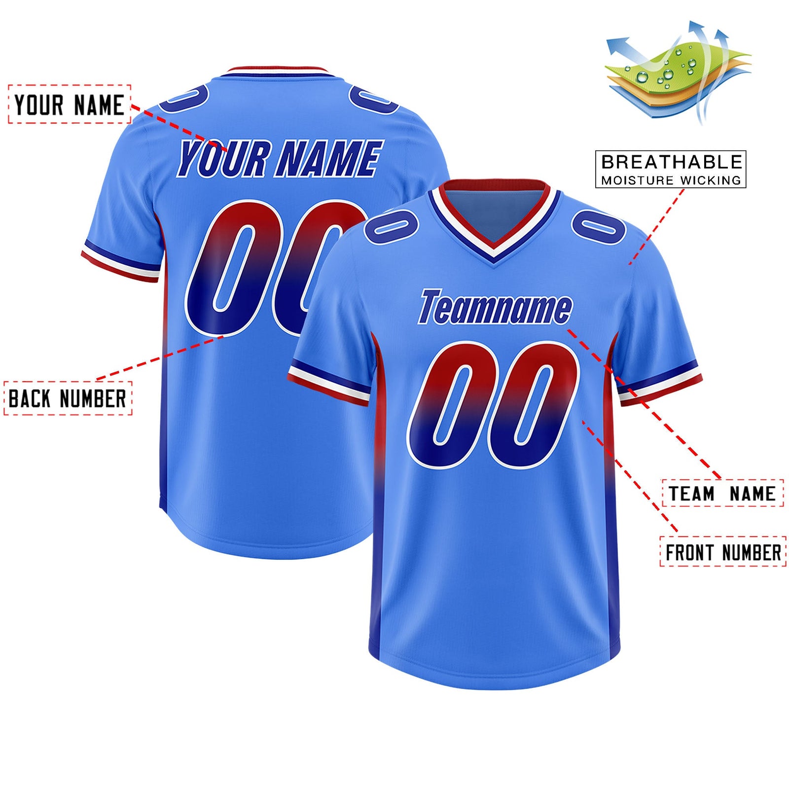 Custom Powder Blue Red and Royal Sides Gradient Fashion Personalized Team Football Jersey