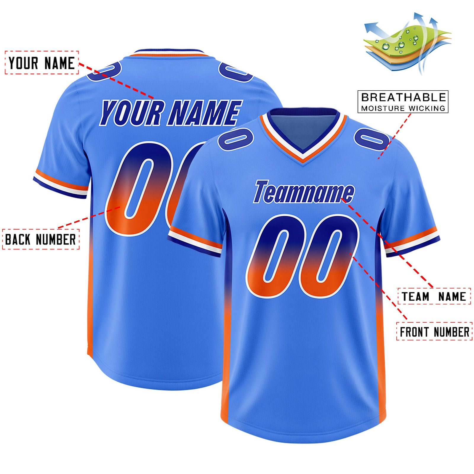 Custom Powder Blue Royal and Orange Sides Gradient Fashion Personalized Team Football Jersey