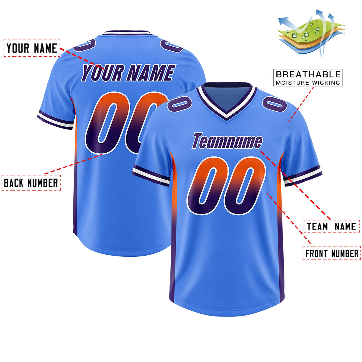 Custom Powder Blue Orange and Purple Sides Gradient Fashion Personalized Team Football Jersey